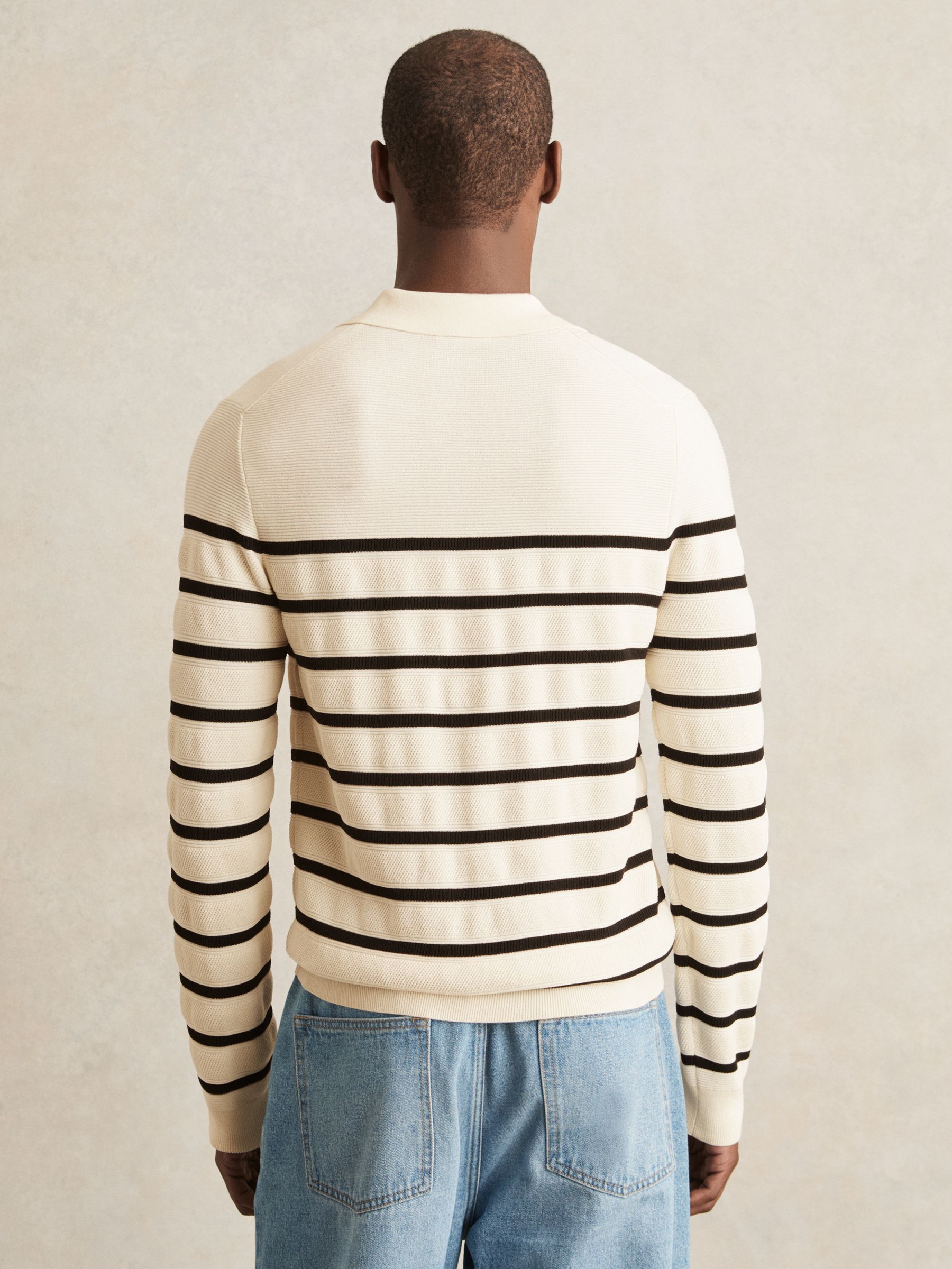 Cotton Blend Stripe Knit Polo Shirt in Warm Stone/Black - Image 4 of 5