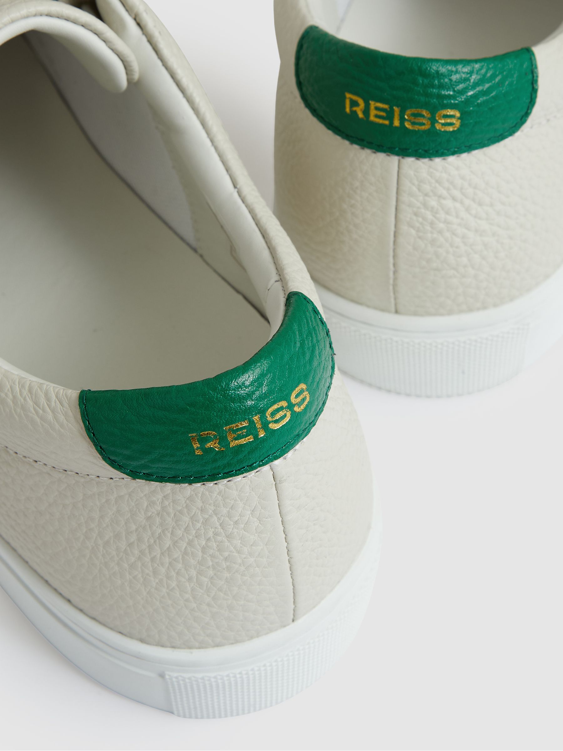 Tumbled-Leather Low-Top Trainers in Off White/Green - Image 4 of 4