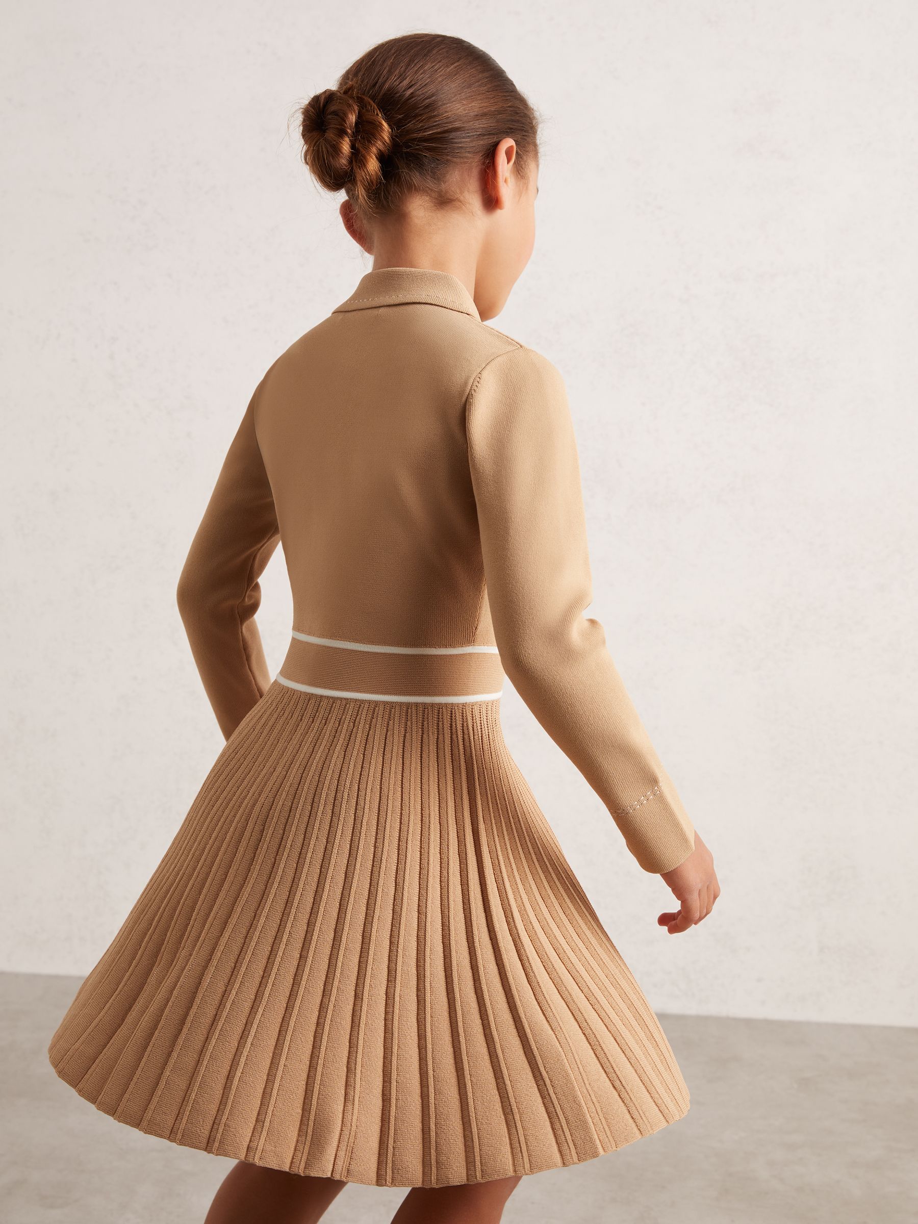9-13 yrs Button-Detail Stripe Knitted Dress in Camel - Image 1 of 5