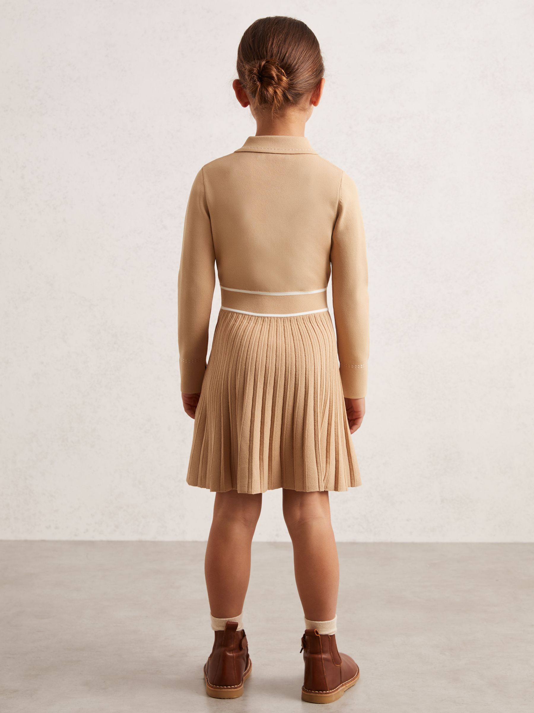 9-13 yrs Button-Detail Stripe Knitted Dress in Camel - Image 4 of 5