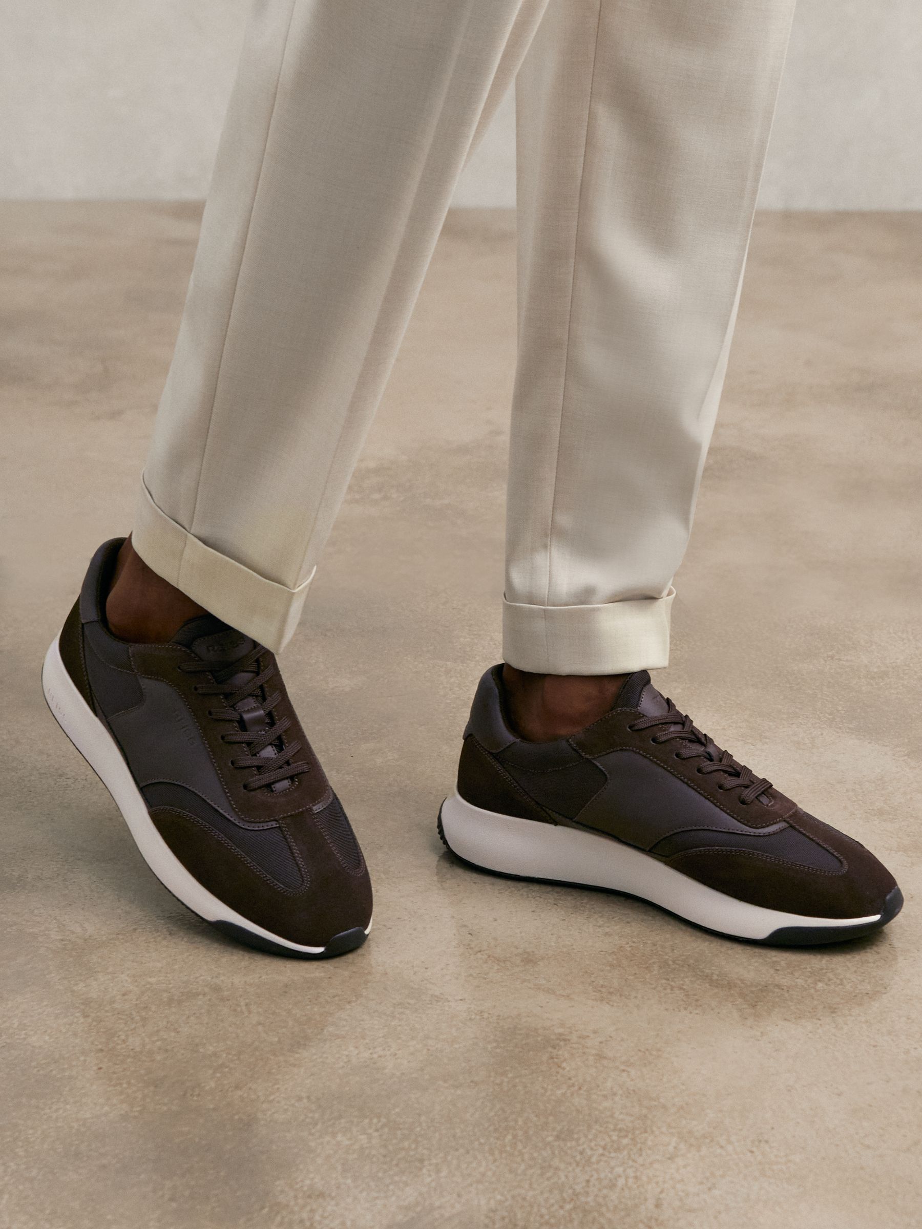Bonded-Leather Suede Running Trainers in Chocolate Brown - Image 3 of 6