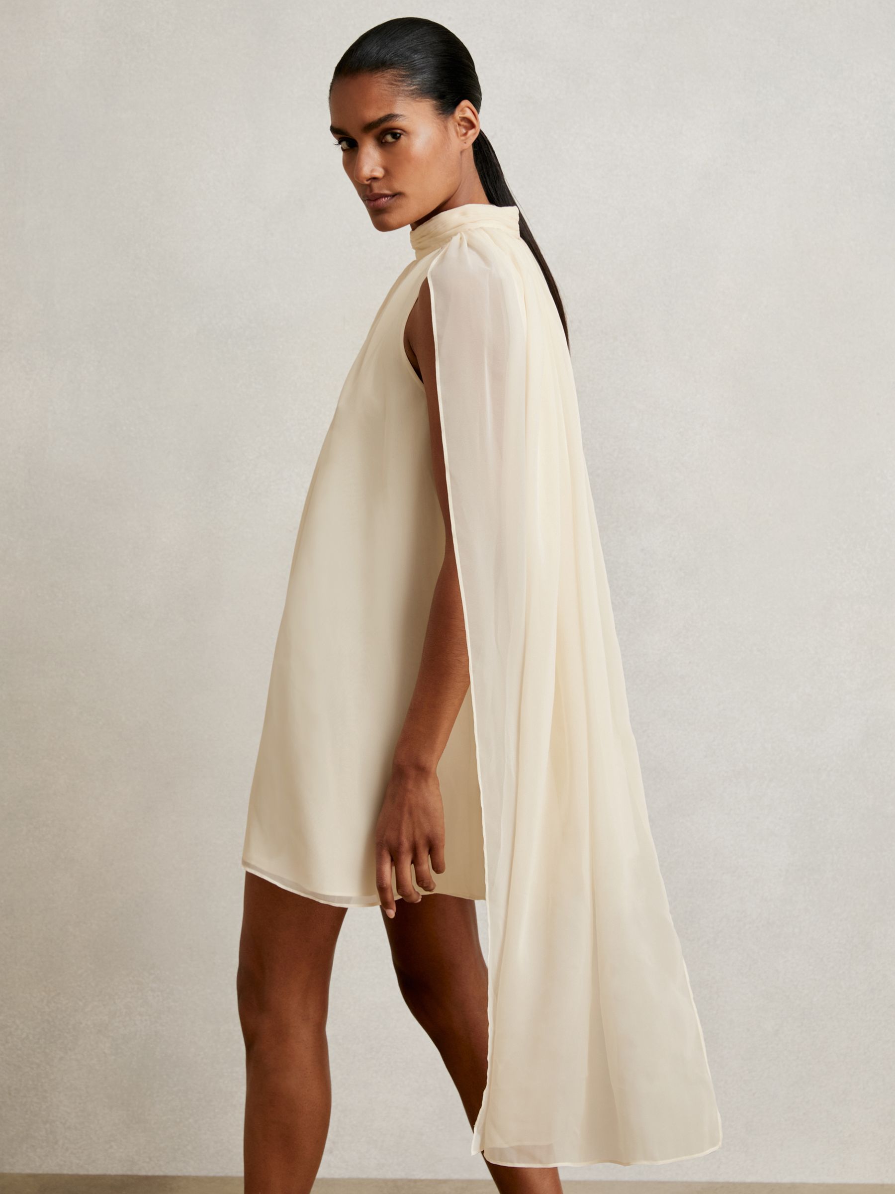 Draped Chiffon Sleeveless Mini Dress in Ivory - Image 3 of 6