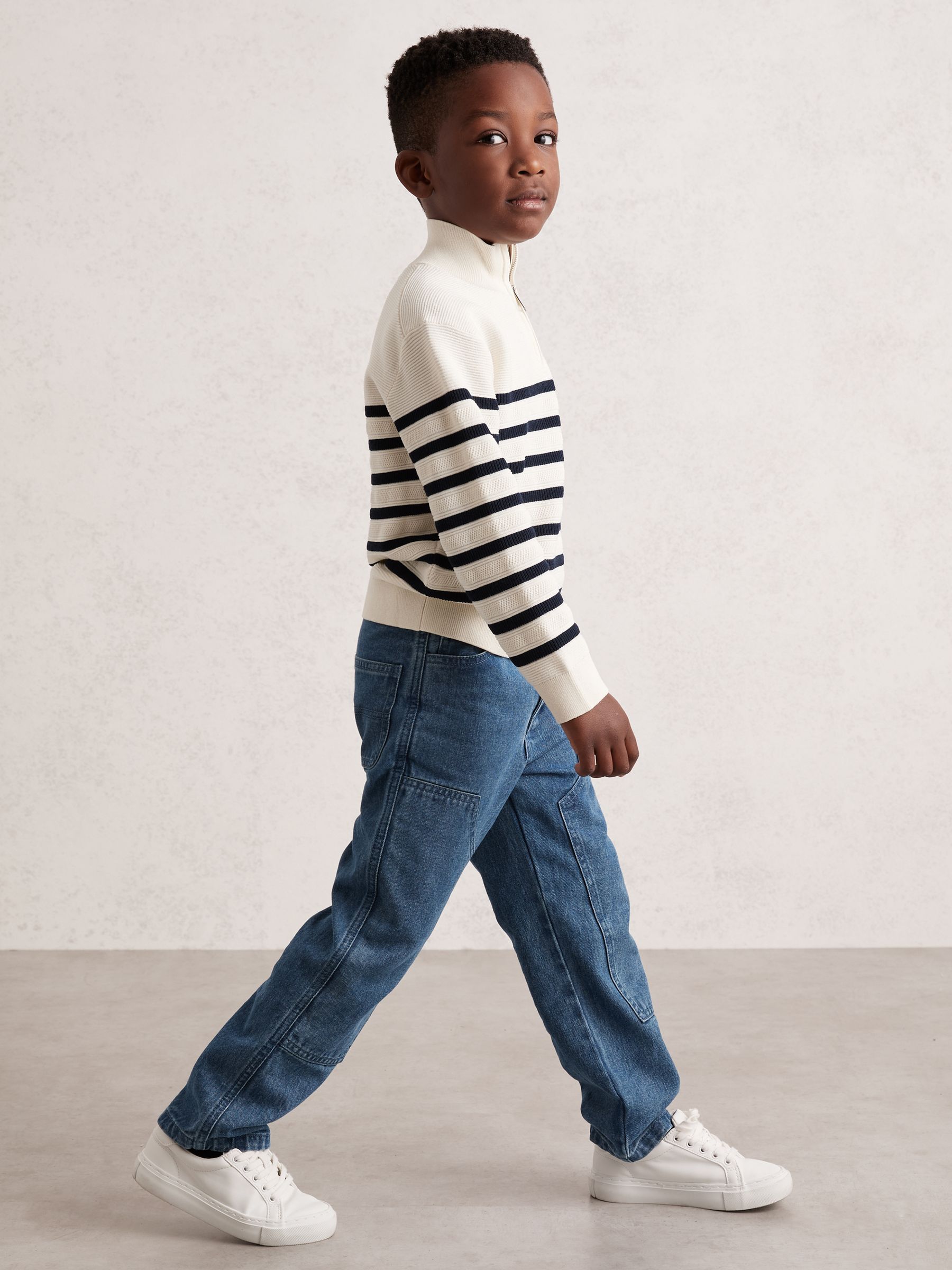 9-13 yrs Cotton-Blend Stripe Half-Zip Jumper in White - Image 1 of 4 9-13 yrs Cotton-Blend Stripe Half-Zip Jumper in White - Image 1 of 4
