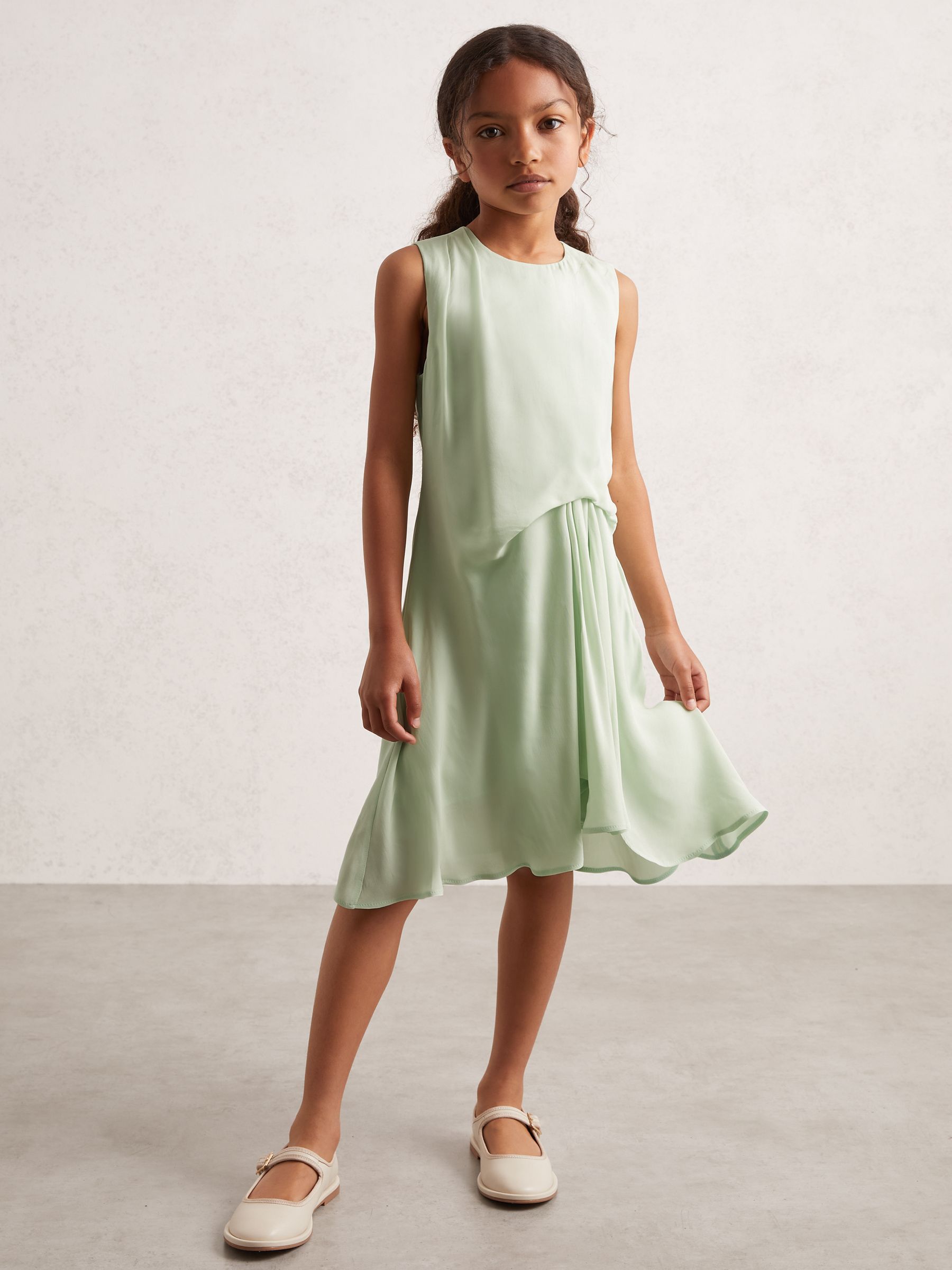 4-9 yrs Draped Tuck Sleeveless Dress in Sage - Image 1 of 4