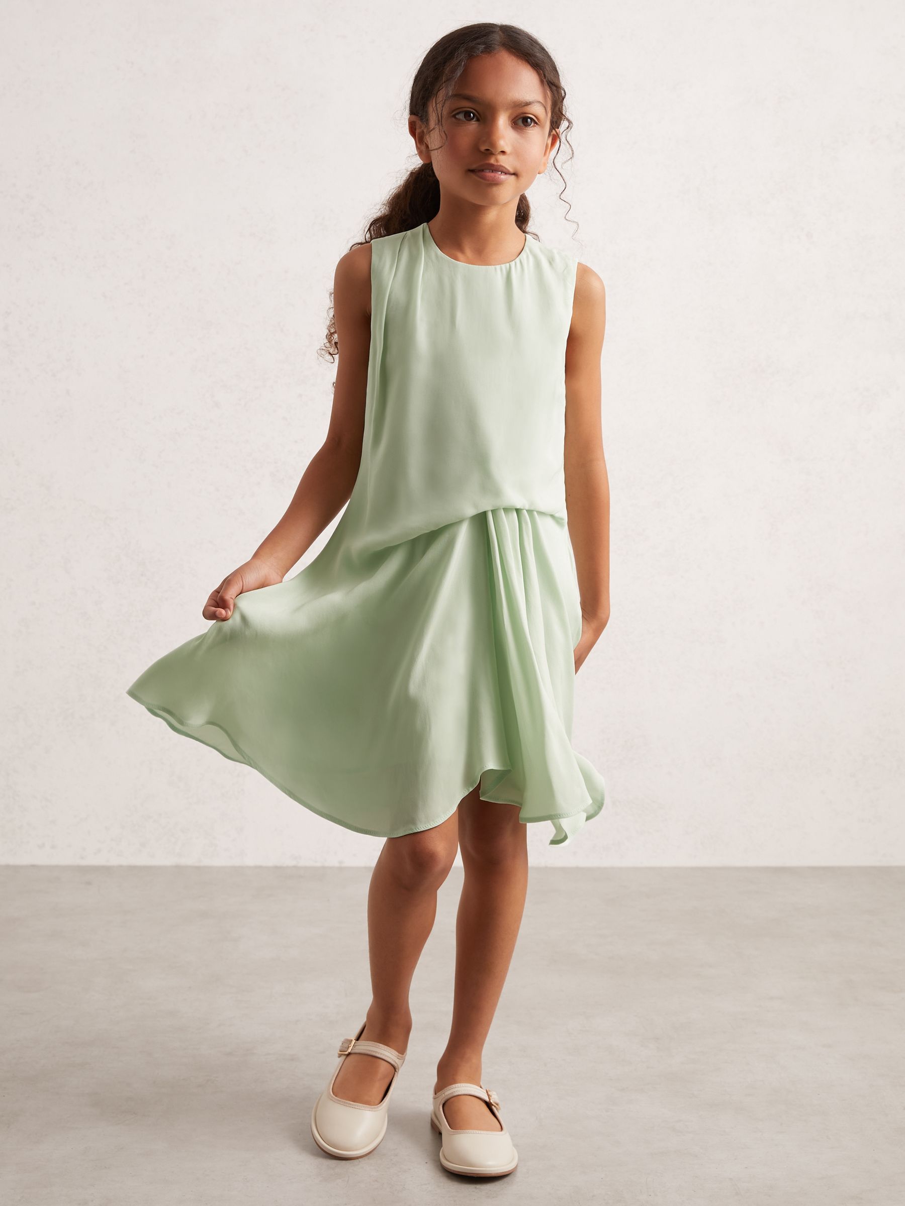 4-9 yrs Draped Tuck Sleeveless Dress in Sage - Image 3 of 4
