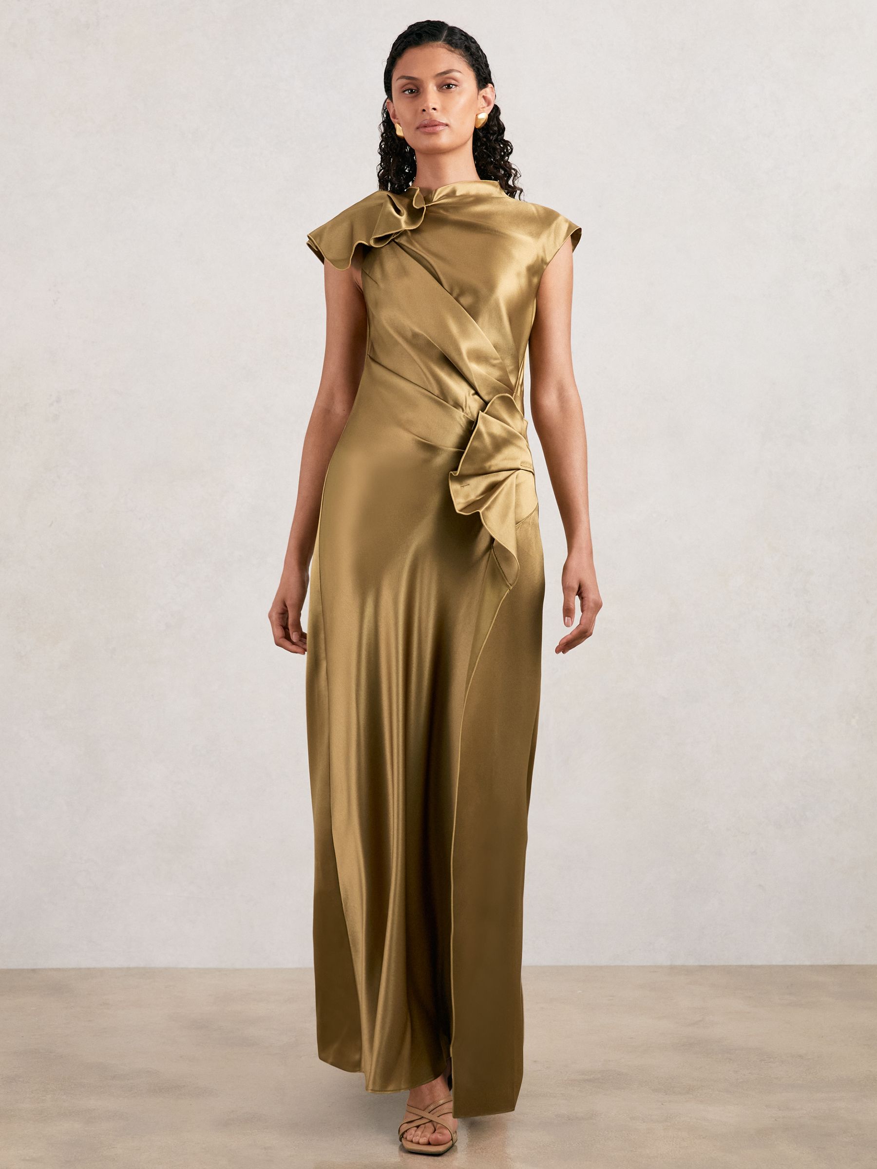 Acler Draped Satin Midi Dress in Gold Moss - Image 1 of 5