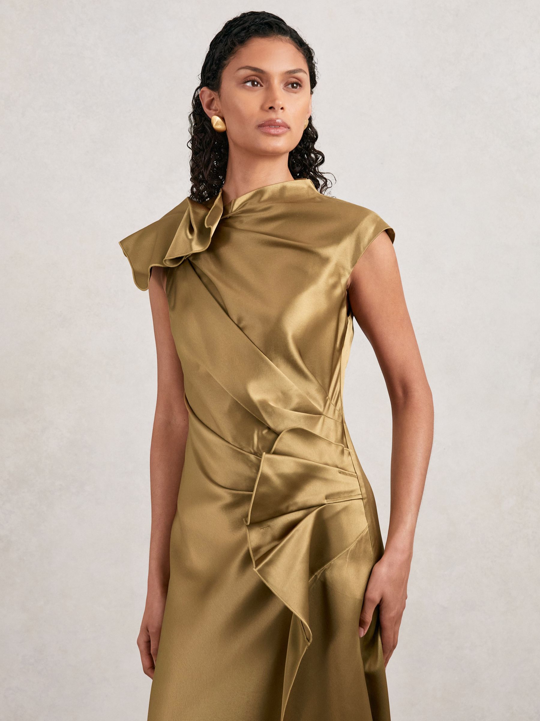 Acler Draped Satin Midi Dress in Gold Moss - Image 3 of 5