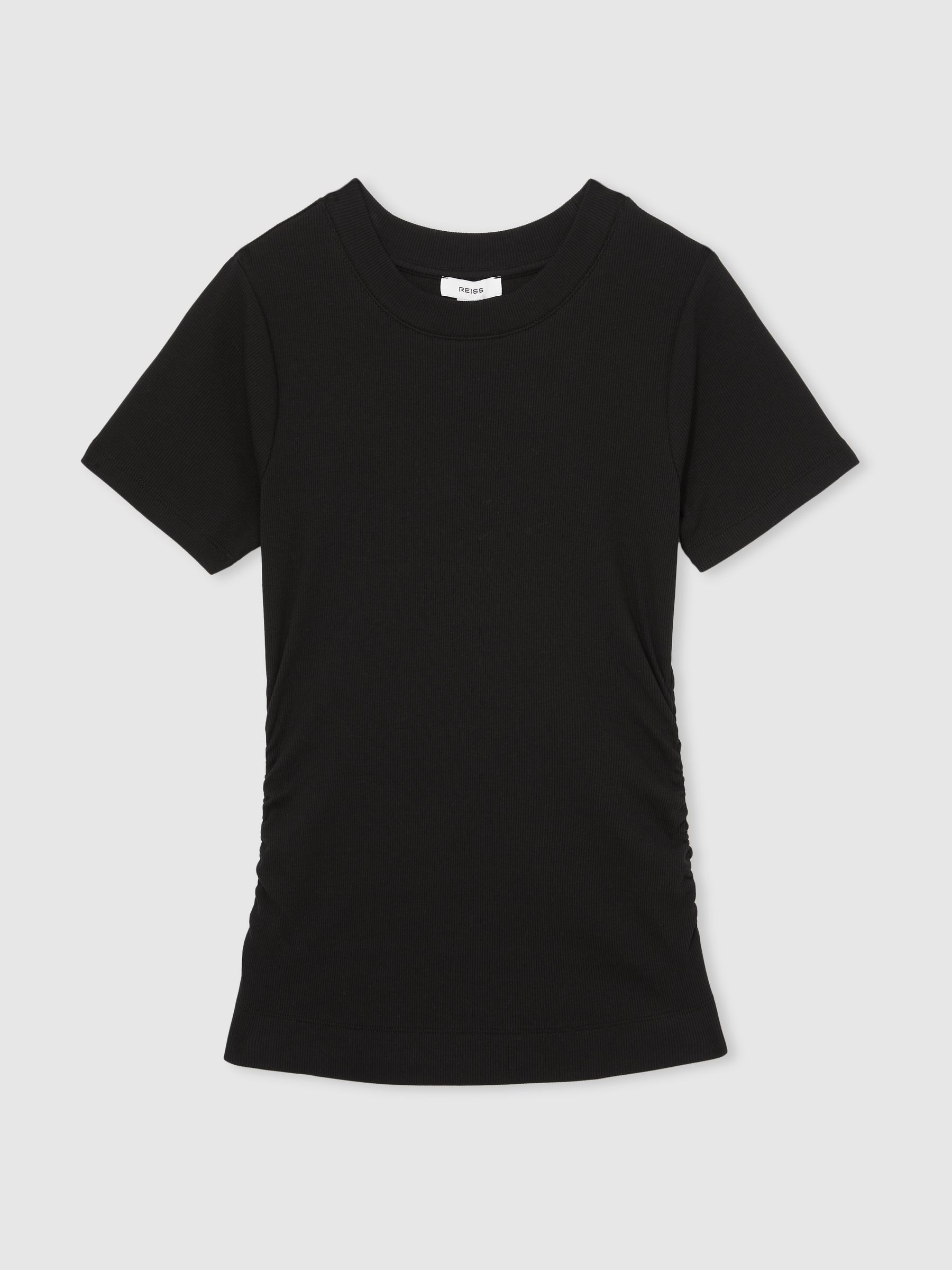 Stretch-Cotton Ruched Ribbed T-Shirt in Black - Image 2 of 6