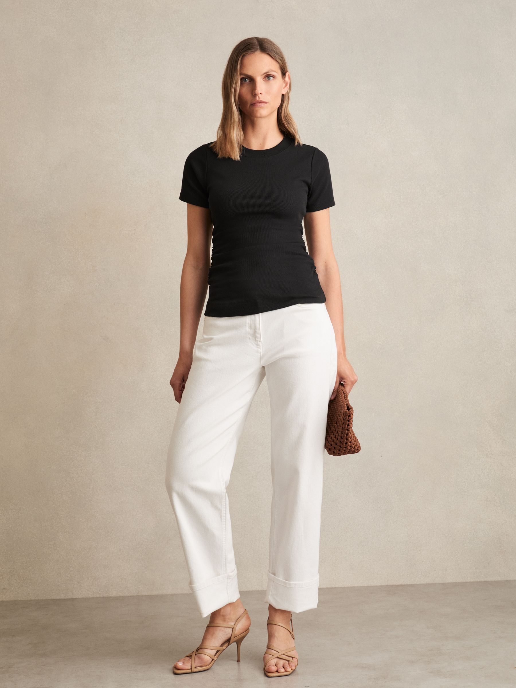 Stretch-Cotton Ruched Ribbed T-Shirt in Black - Image 3 of 6