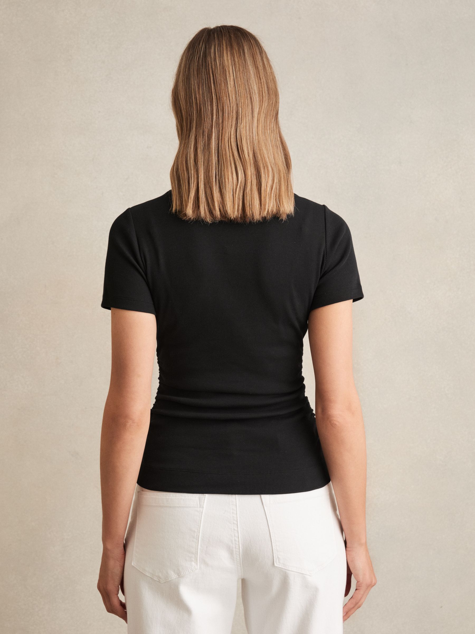 Stretch-Cotton Ruched Ribbed T-Shirt in Black - Image 5 of 6