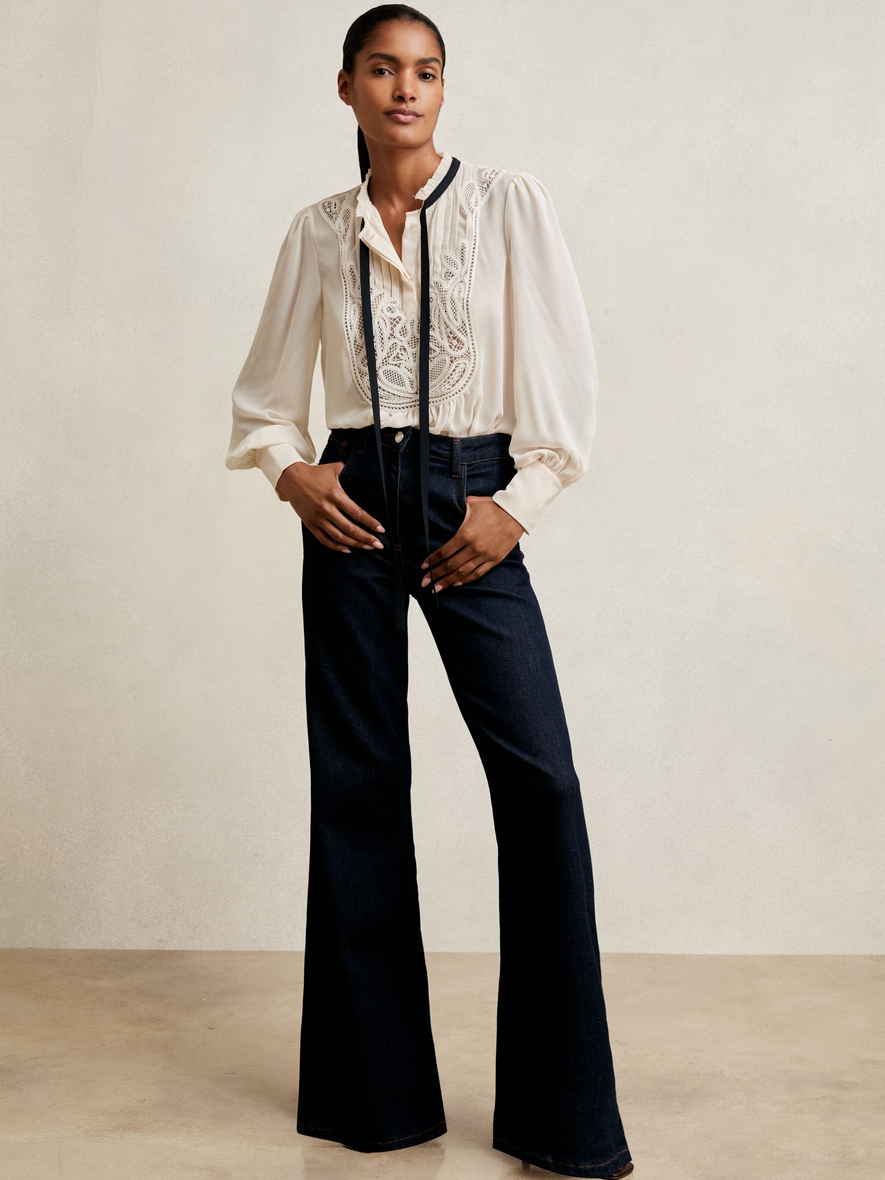 Lace-Embroidered Tie-Neck Shirt in Cream - image 3