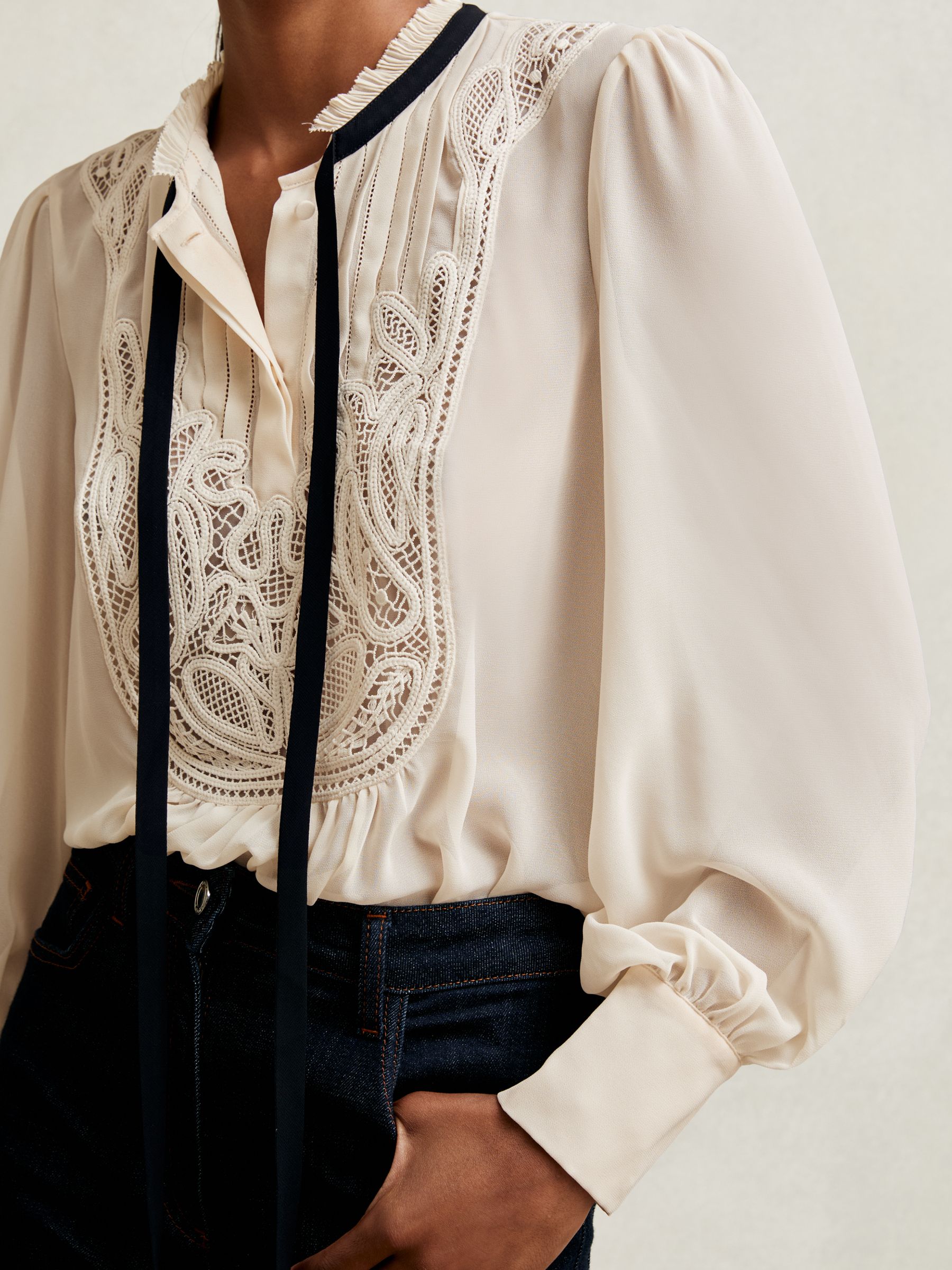 Lace-Embroidered Tie-Neck Shirt in Cream - image 4