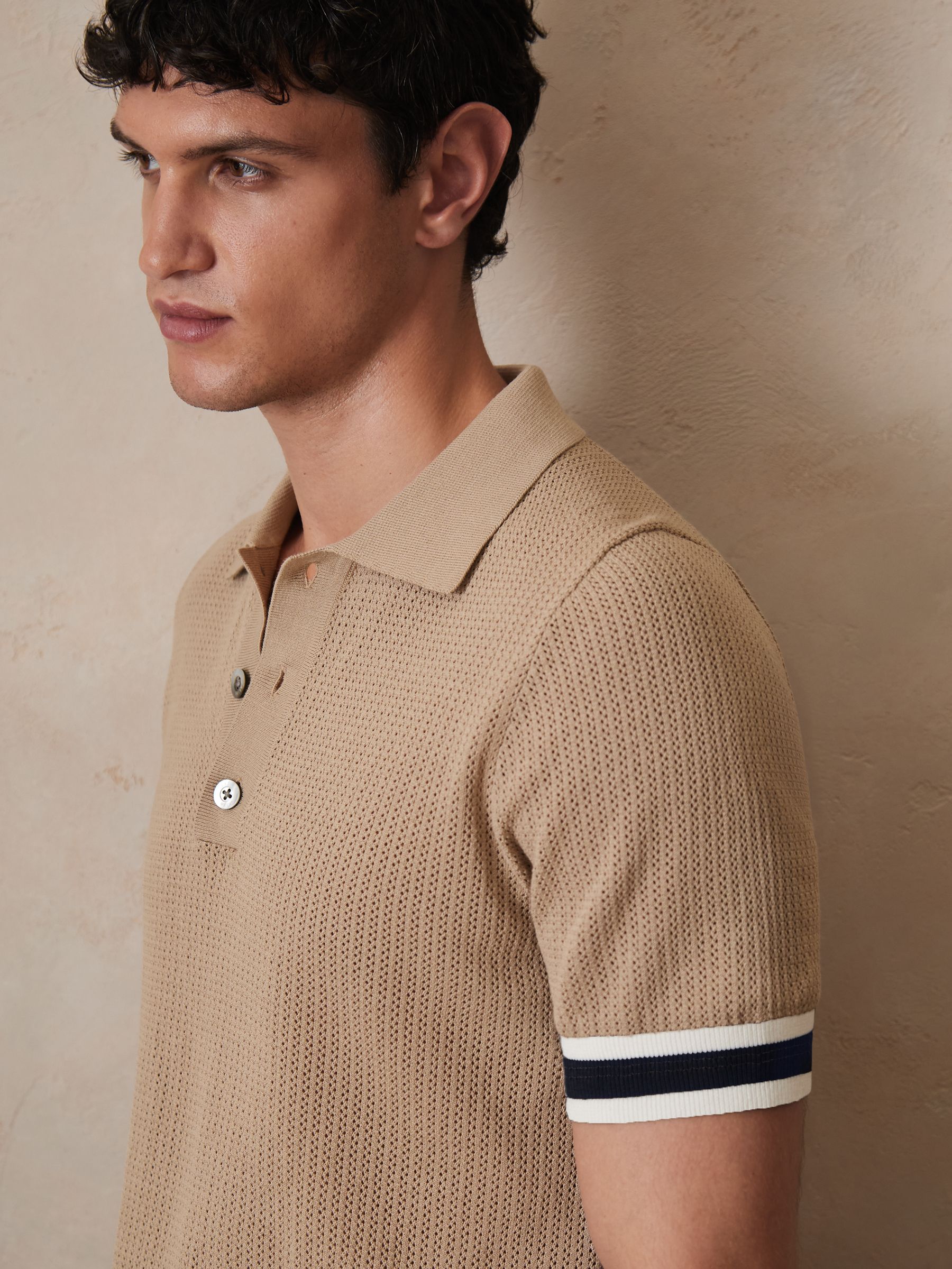 Reiss | Ché Cotton Knit Polo Shirt in Camel Brown - Image 4 of 7