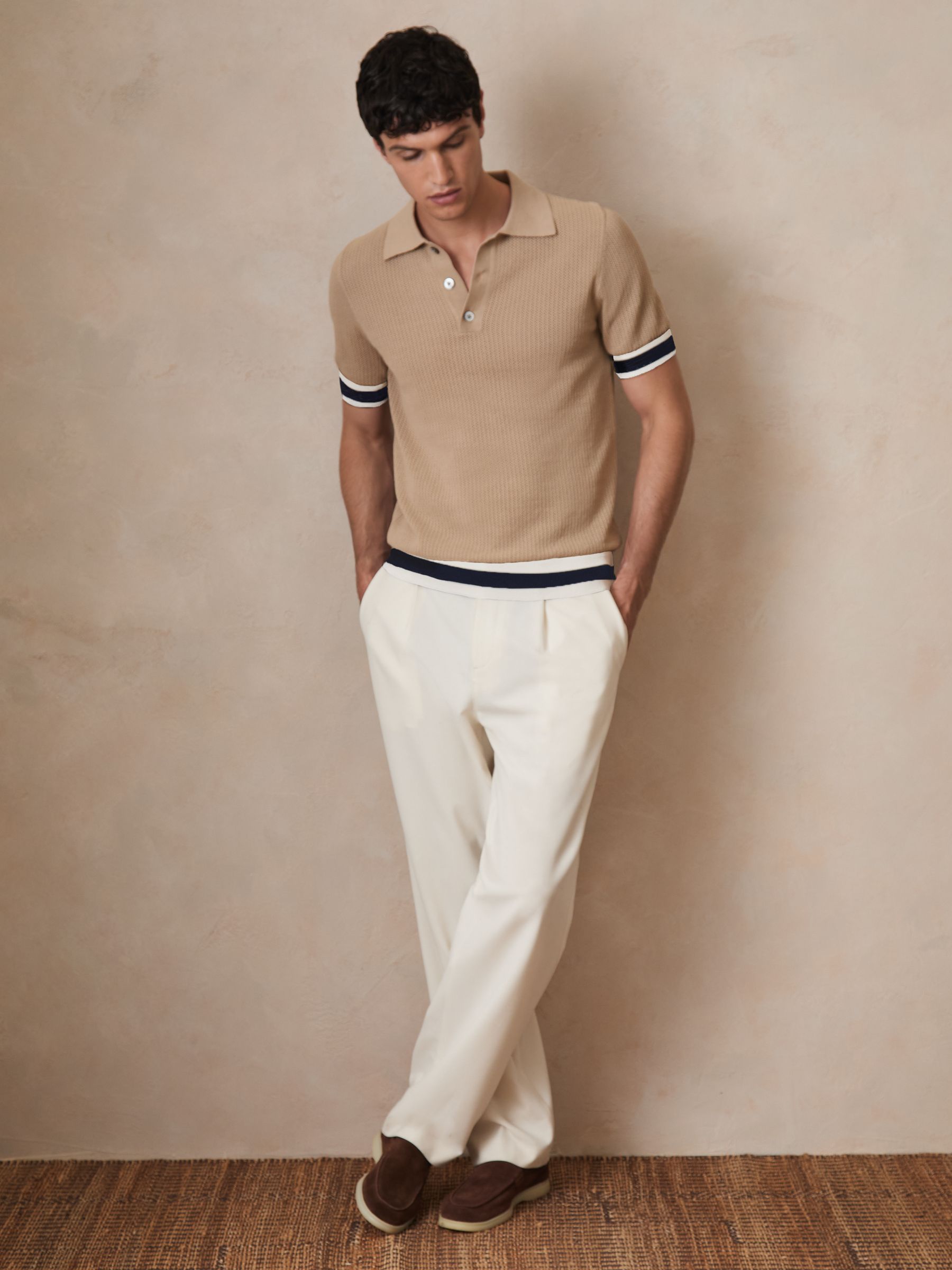 Reiss | Ché Cotton Knit Polo Shirt in Camel Brown - Image 6 of 7