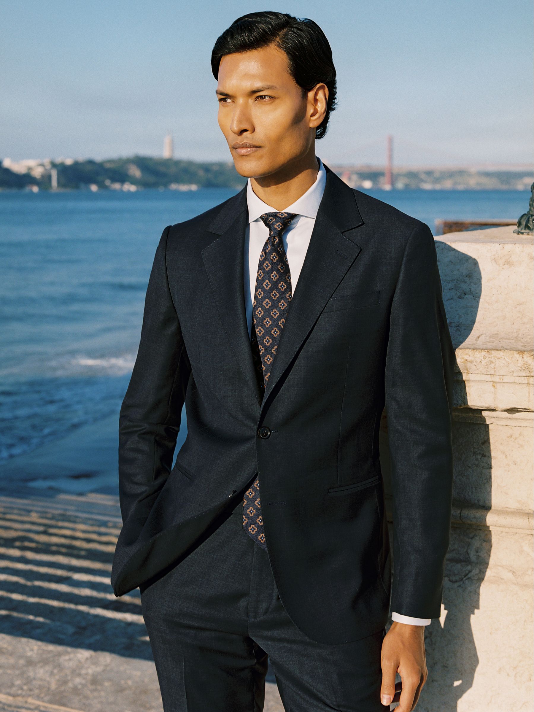 Slim-Fit Wool Single Breasted Check Suit Blazer in Navy - Image 1 of 7