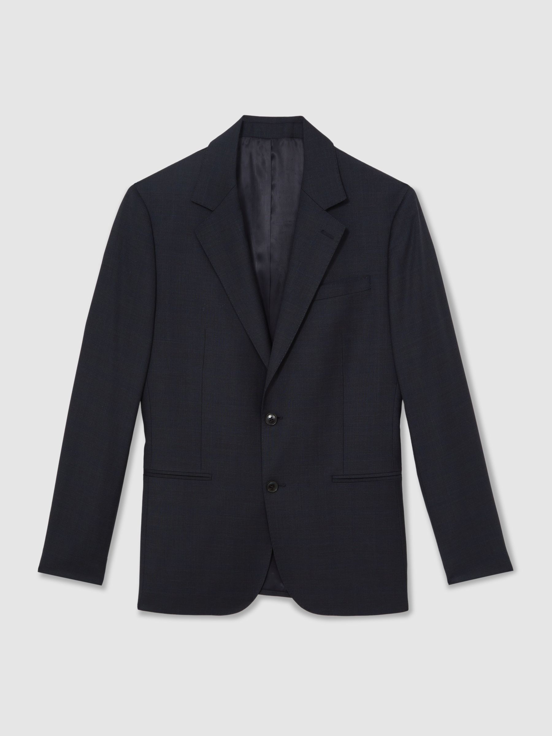 Slim-Fit Wool Single Breasted Check Suit Blazer in Navy - Image 2 of 7