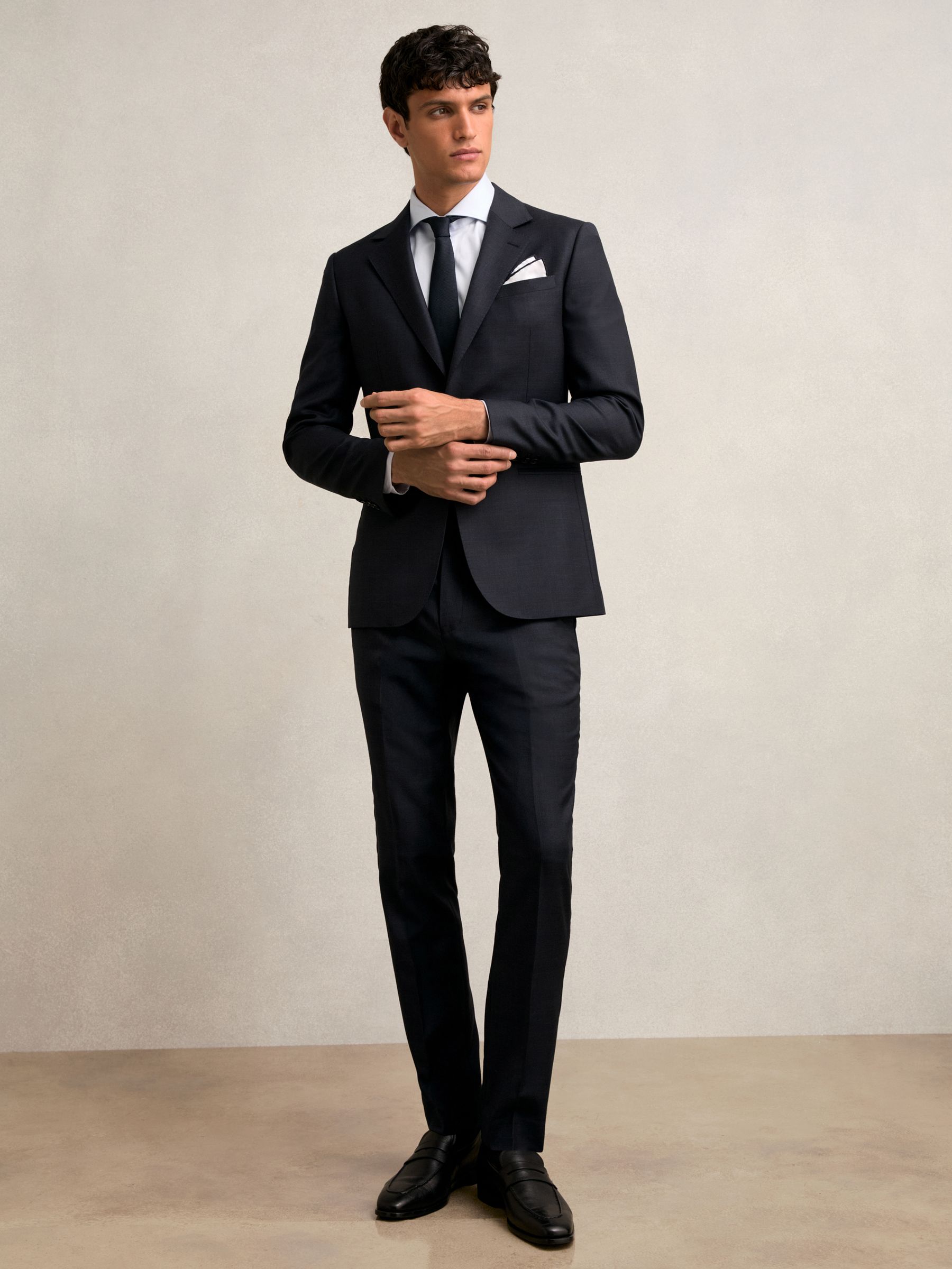 Slim-Fit Wool Single Breasted Check Suit Blazer in Navy - Image 4 of 7