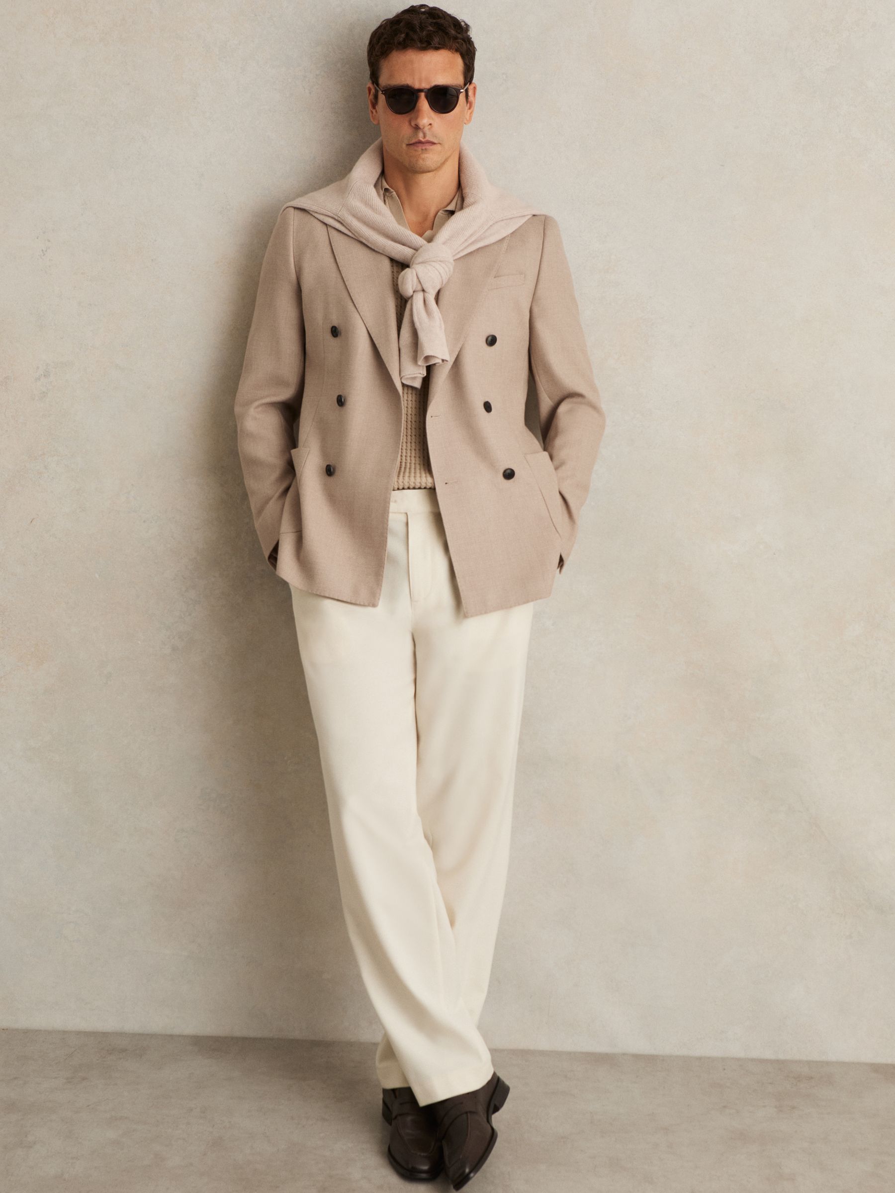 Slim-Fit Wool-Blend Double-Breasted Suit Blazer in Oatmeal Brown - Image 6 of 8