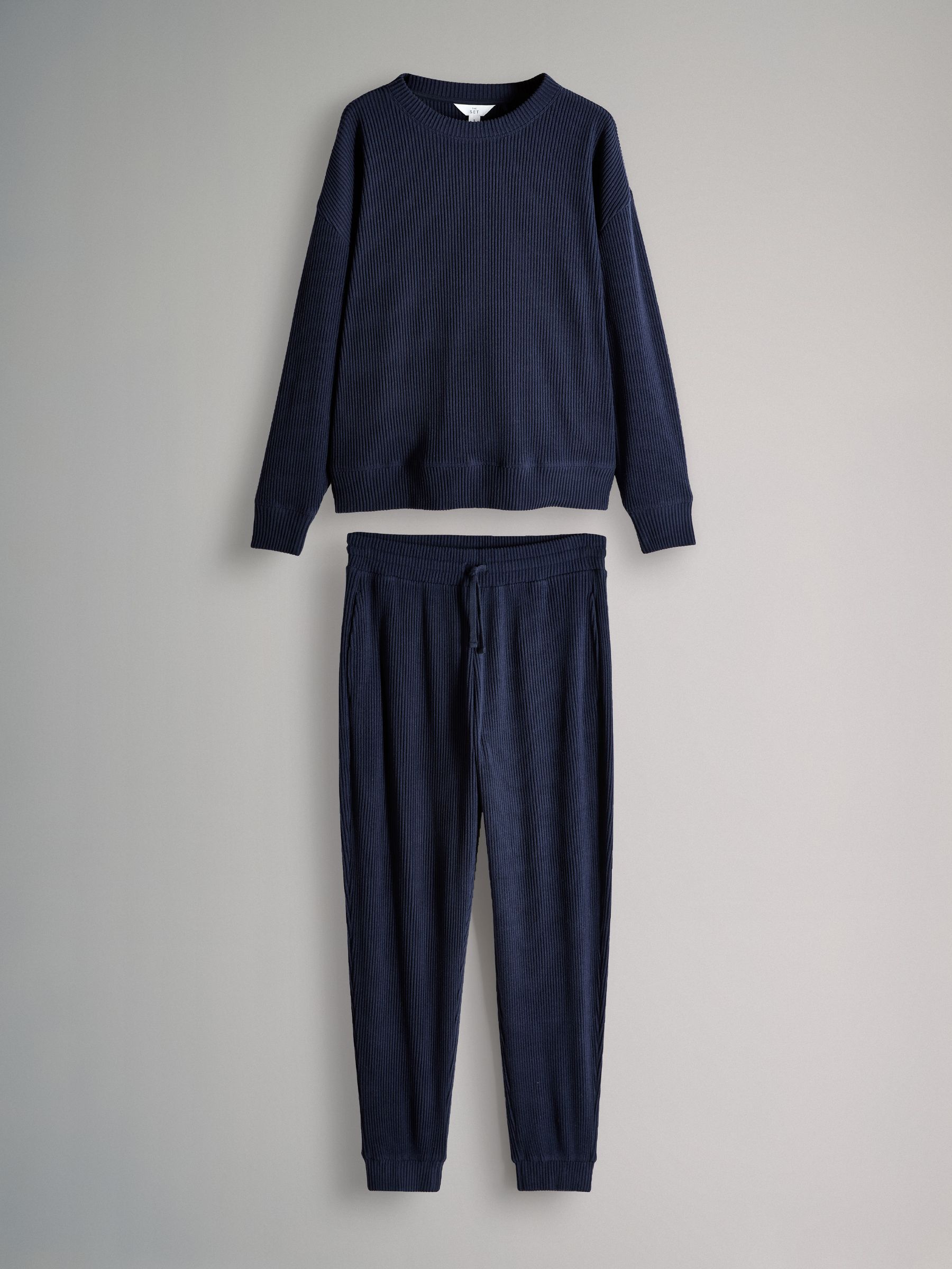 Navy - 2 Pack Soft Rib Crew Neck Sweatshirt and Cuffed Joggers Lounge Set - Image 2 of 13