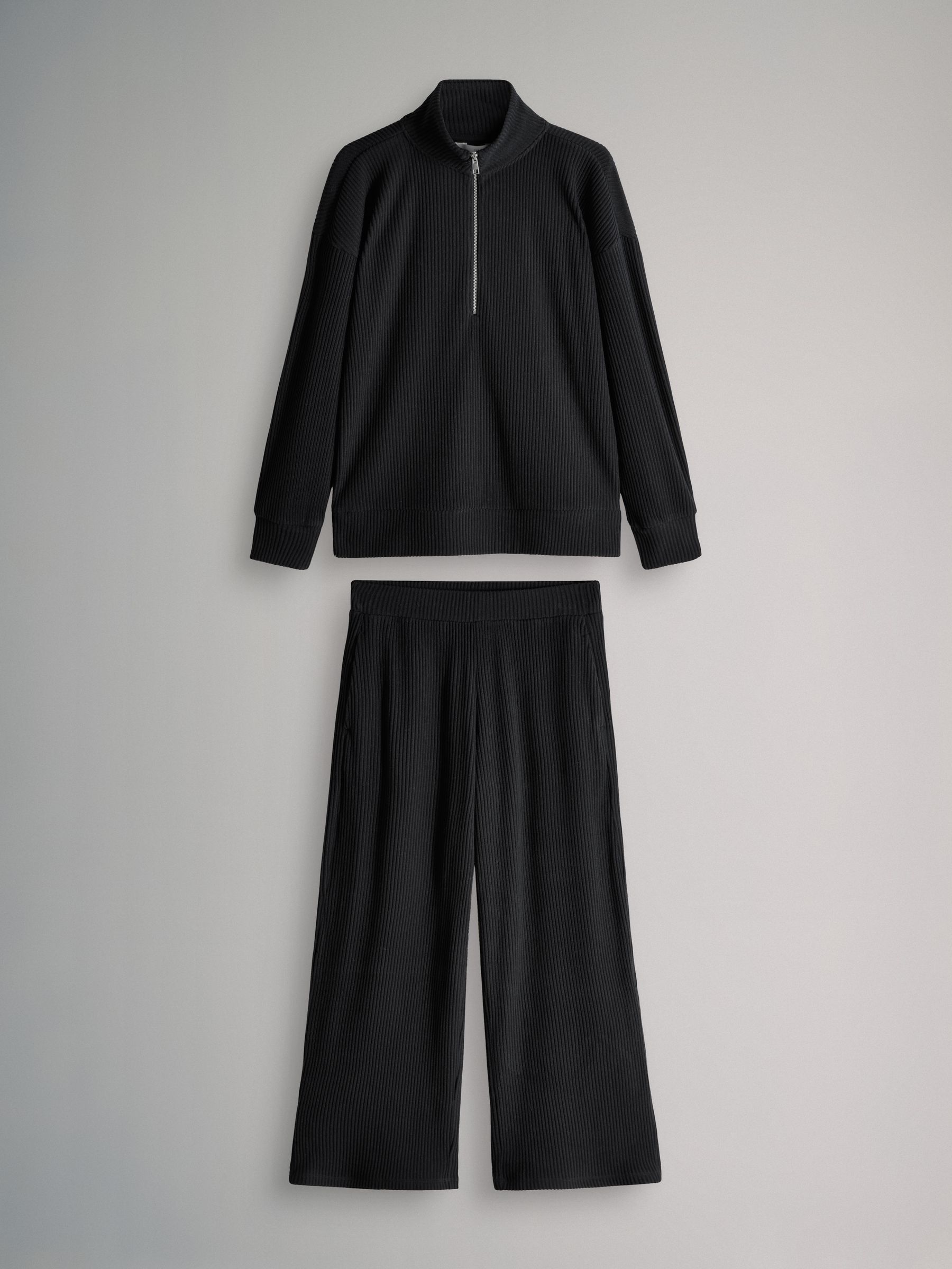 Black - Soft Touch Rib Funnel Neck Sweatshirt/Wide Leg Joggers Coord - Image 1 of 5
