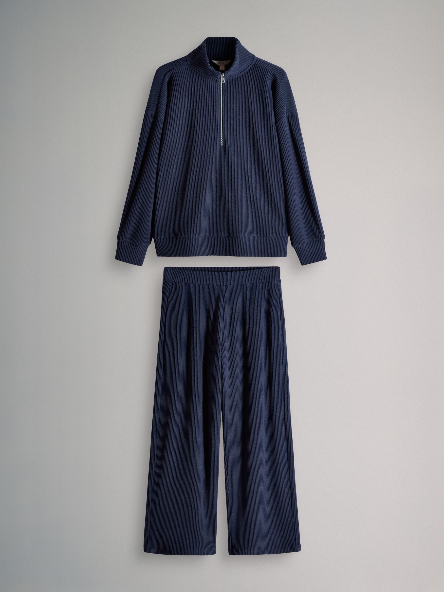 Navy - Soft Touch Rib Funnel Neck Sweatshirt/Wide Leg Joggers Coord - Image 2 of 11