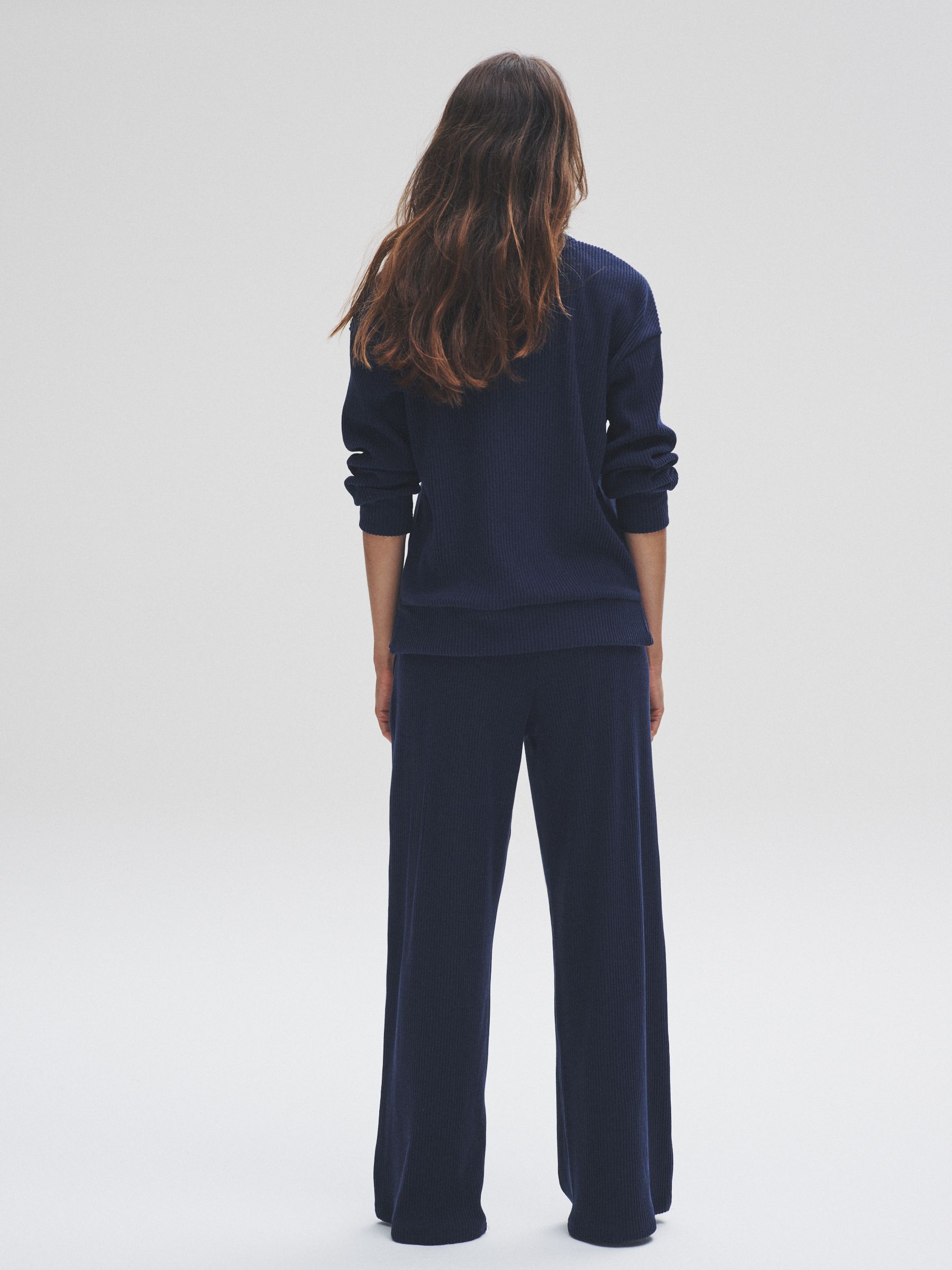 Navy - Soft Touch Rib Funnel Neck Sweatshirt/Wide Leg Joggers Coord - Image 7 of 11