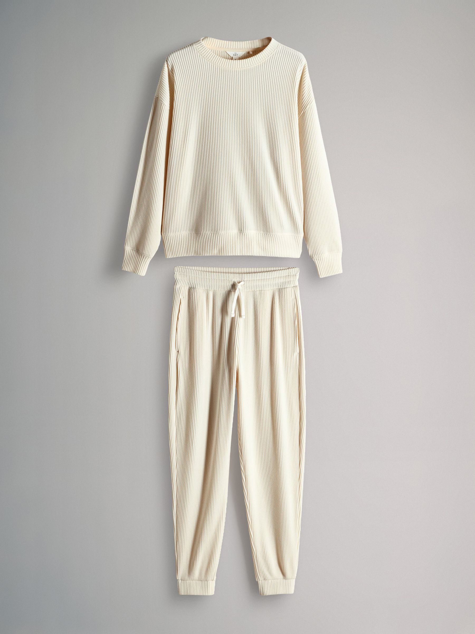 Cream - 2 Pack Soft Rib Crew Neck Sweatshirt and Cuffed Joggers Lounge Set - Image 1 of 5