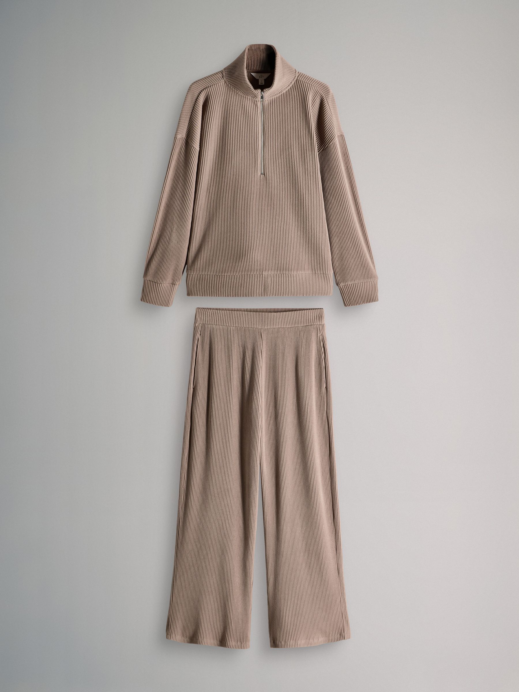 Neutral - Soft Touch Rib Funnel Neck Sweatshirt/Wide Leg Joggers Coord - Image 1 of 5