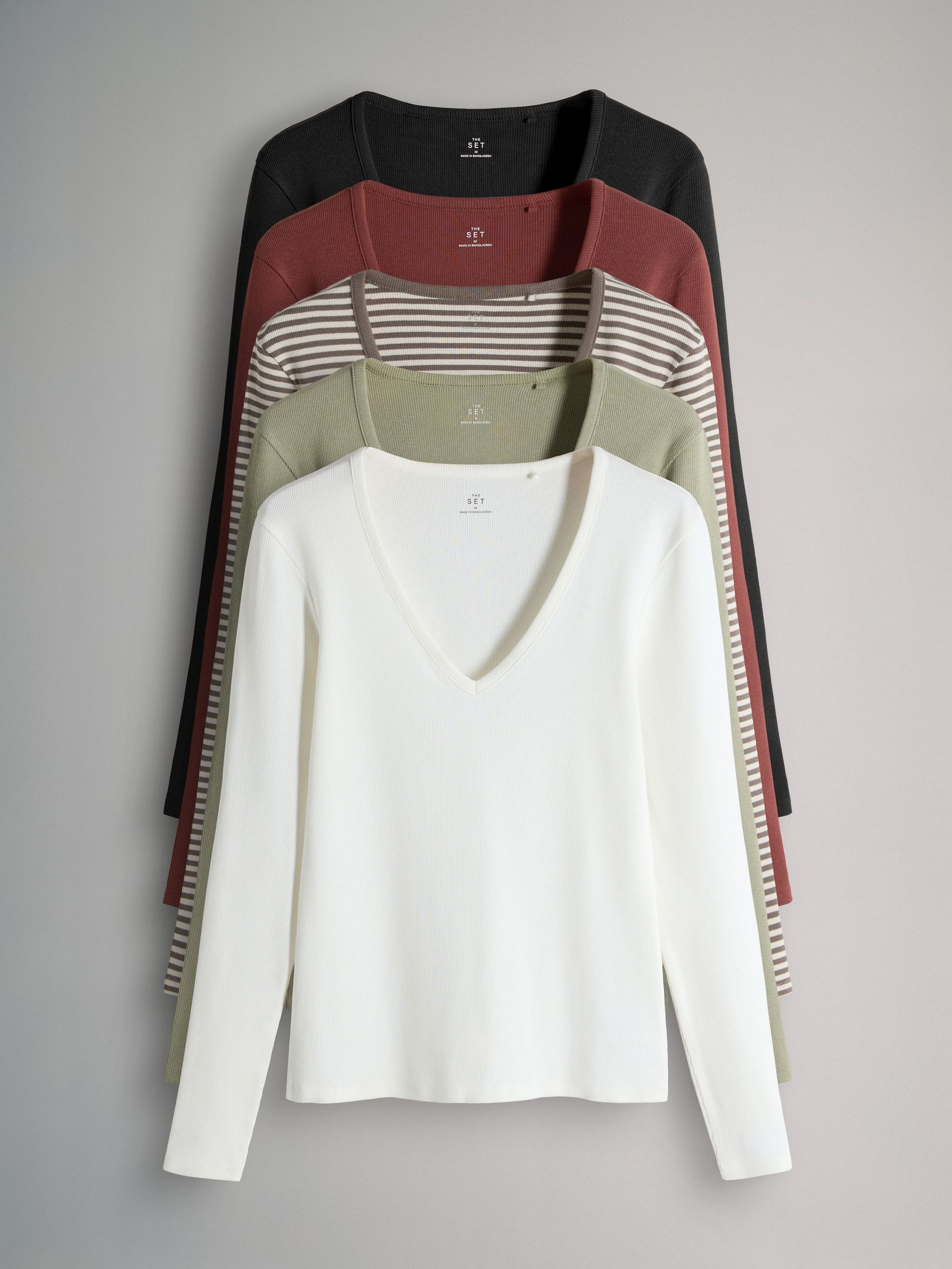 Black/ Light Khaki/ Cream/ Stripe/ Brown - 5 Pack V Neck Long Sleeve Ribbed T-Shirts - Image 1 of 8 Black/ Light Khaki/ Cream/ Stripe/ Brown - 5 Pack V Neck Long Sleeve Ribbed T-Shirts - Image 1 of 8
