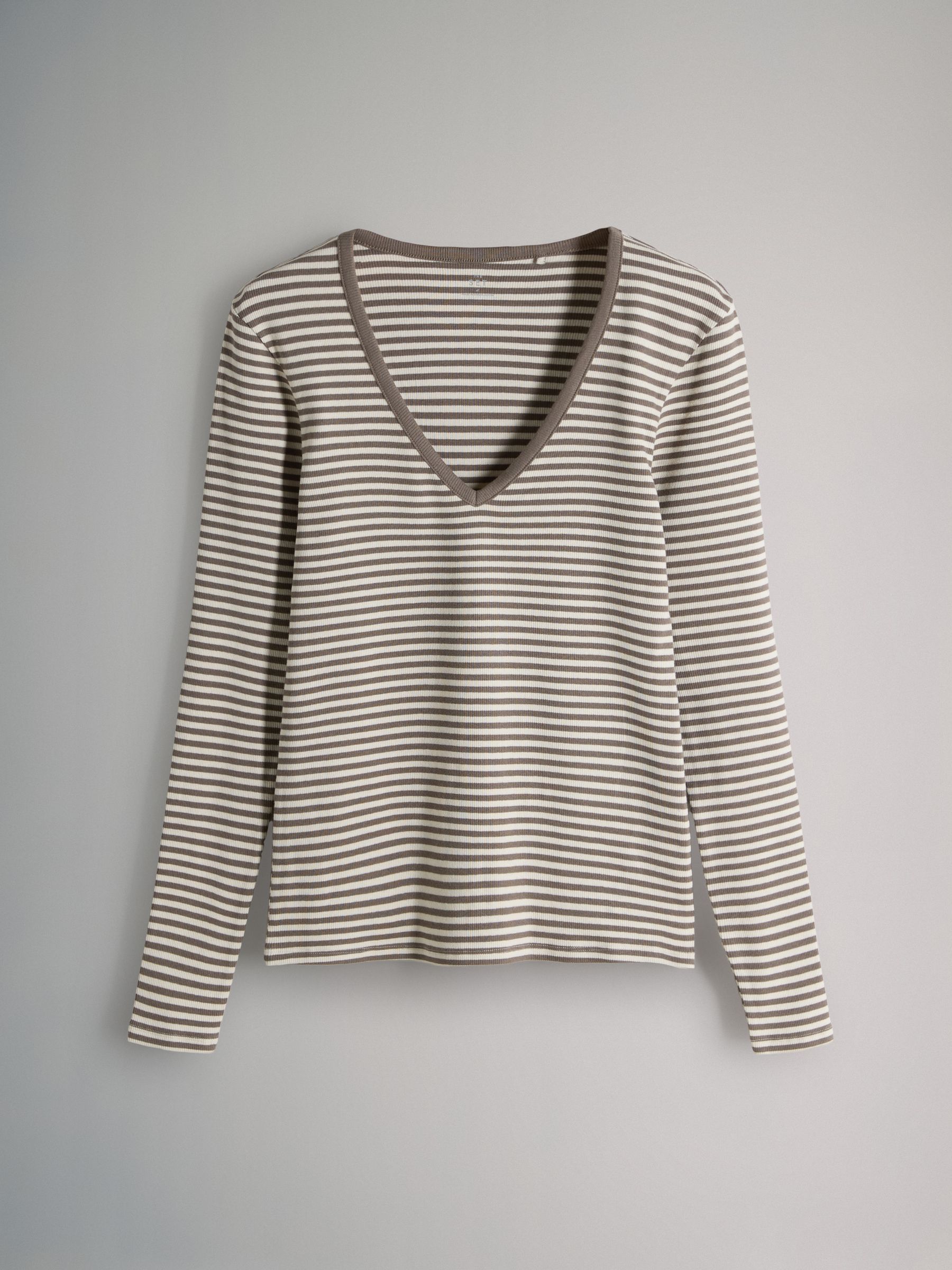 Black/ Light Khaki/ Cream/ Stripe/ Brown - 5 Pack V Neck Long Sleeve Ribbed T-Shirts - Image 3 of 8