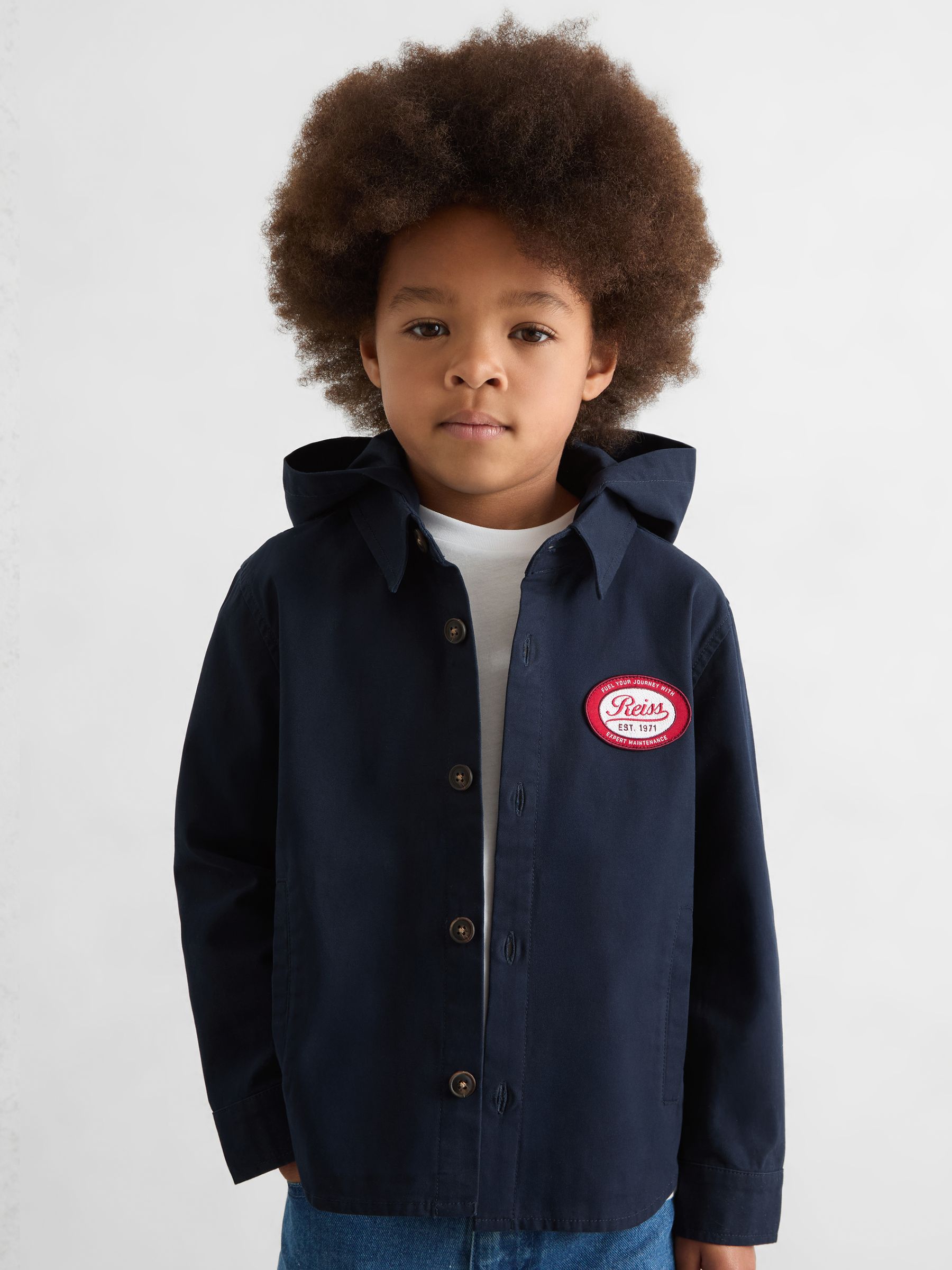 Cotton Removable-Hood Motor Cars Jacket in Navy - Image 4 of 5