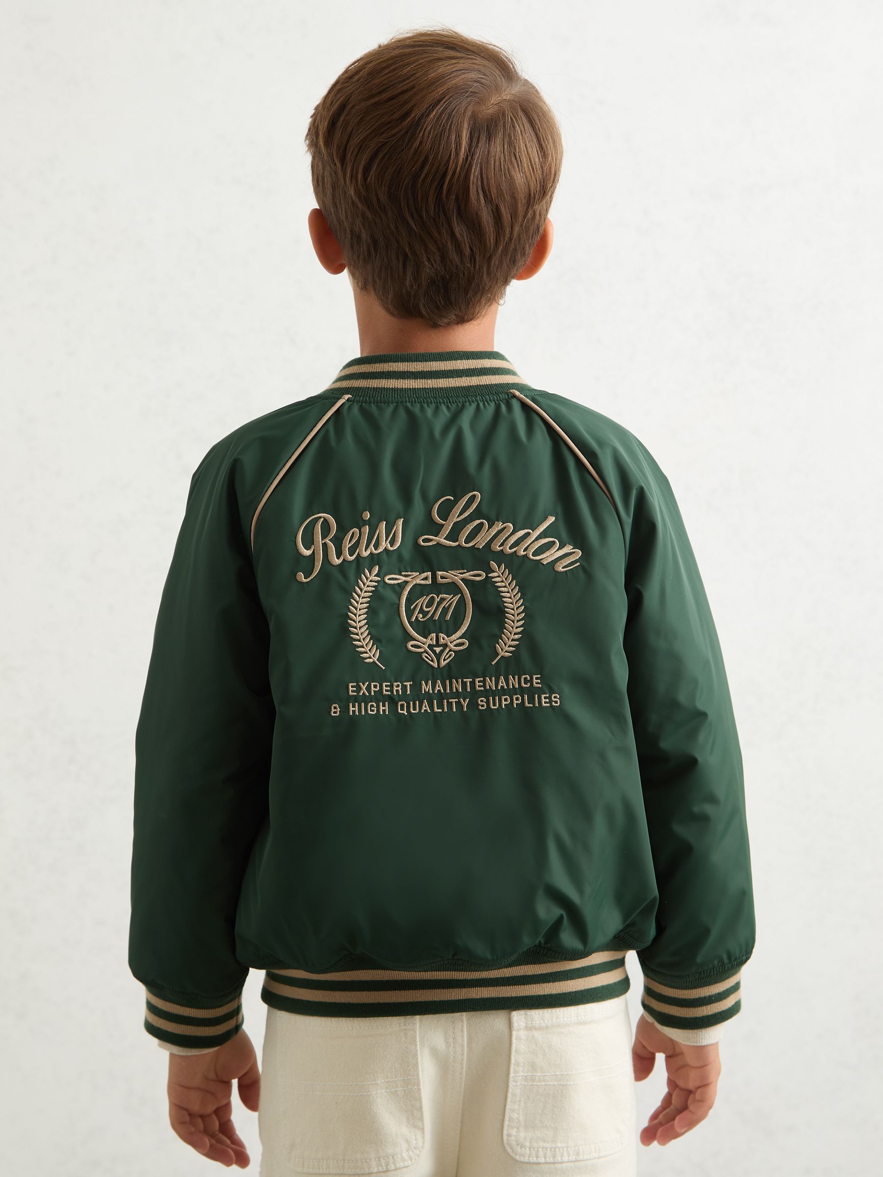 13-14 yrs Motor Cars Embroidered Bomber Jacket in Forest Green/Off White - Image 2 of 4