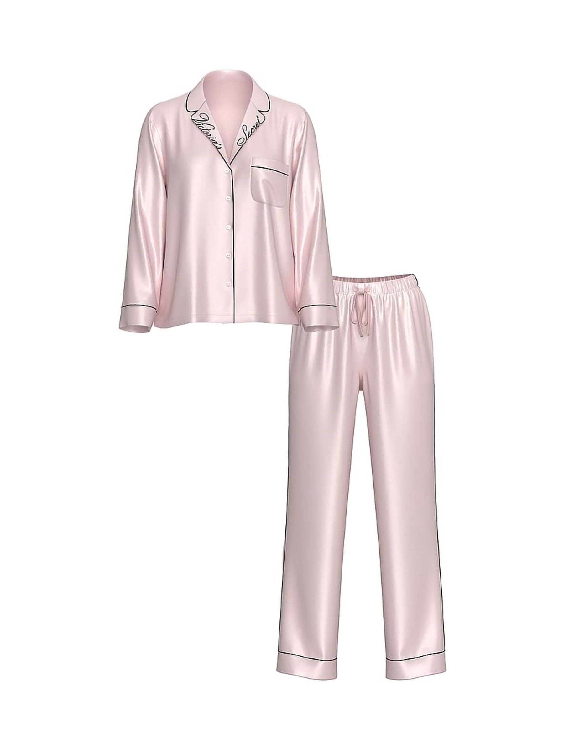 Angel Pink With Embroidery Satin Long Pyjama Set - Image 3 of 3