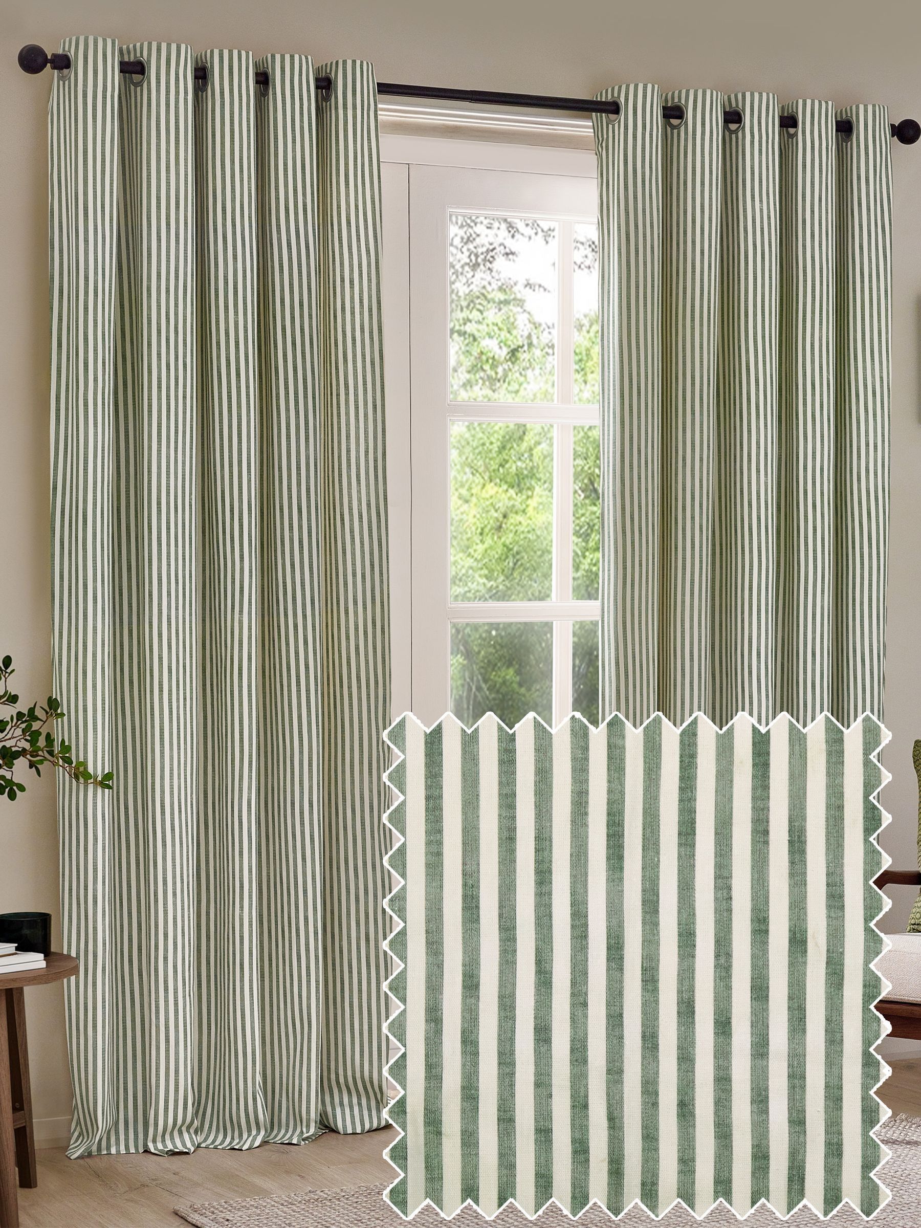 Yard Green Hebden Striped Cotton Lined Eyelet Curtains Lined Pair - Image 1 of 5 Yard Green Hebden Striped Cotton Lined Eyelet Curtains Lined Pair - Image 1 of 5
