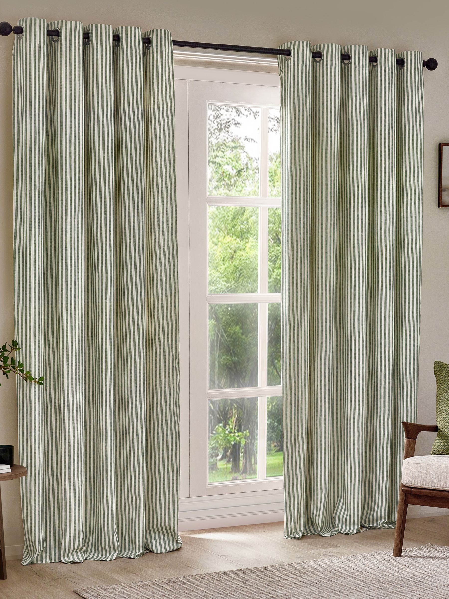 Yard Green Hebden Striped Cotton Lined Eyelet Curtains Lined Pair - Image 2 of 5