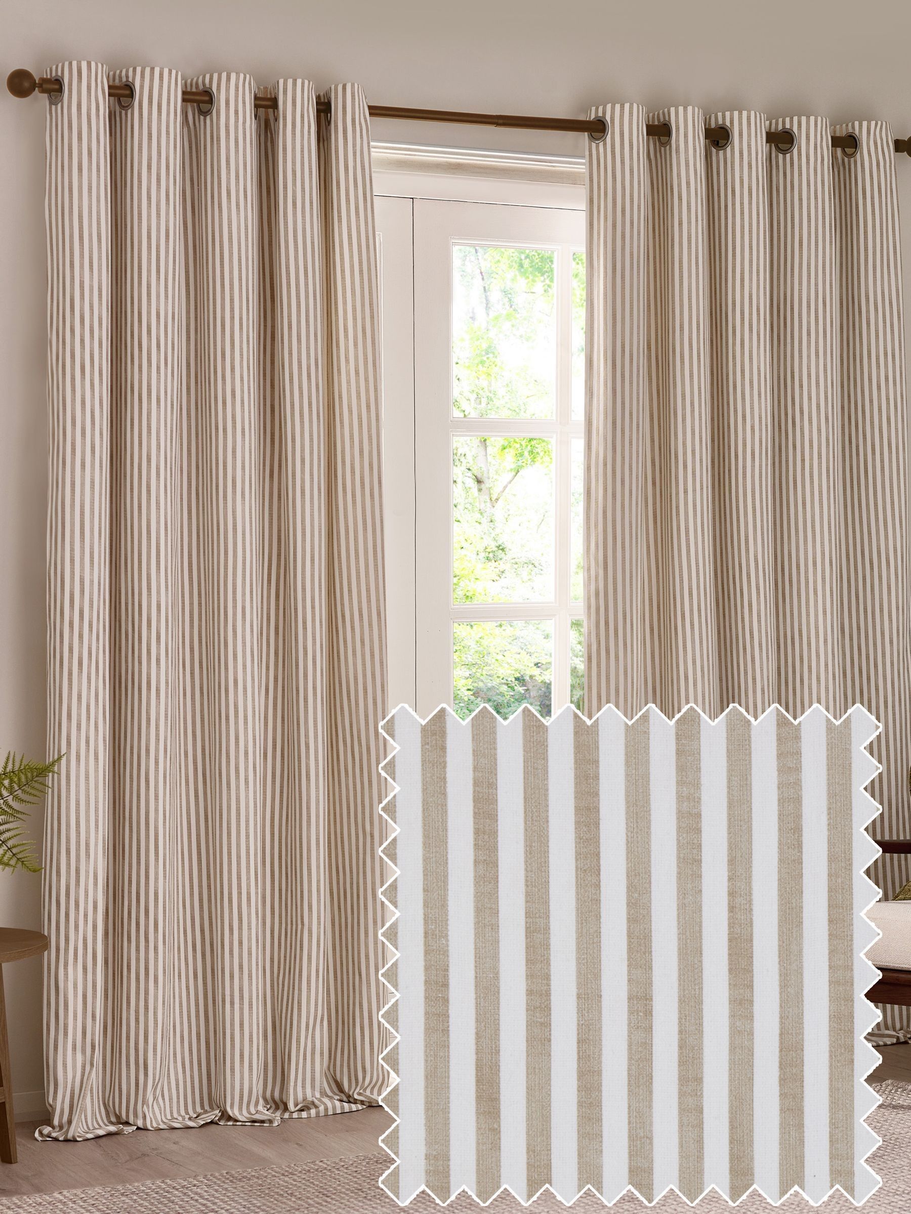 Yard Natural Hebden Striped Cotton Lined Eyelet Curtains Lined Pair - Image 1 of 5