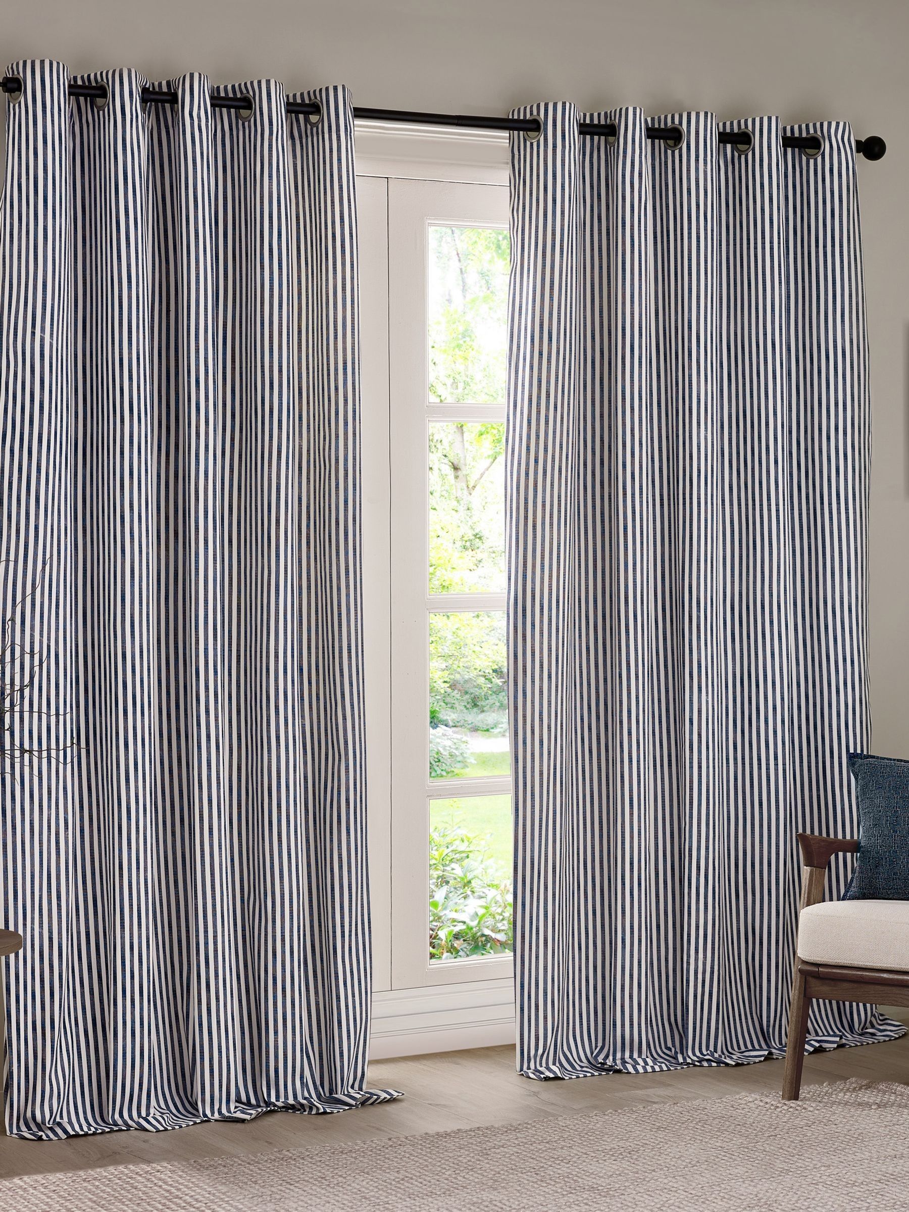 Yard Navy Hebden Striped Cotton Lined Eyelet Curtains Lined Pair - Image 2 of 4
