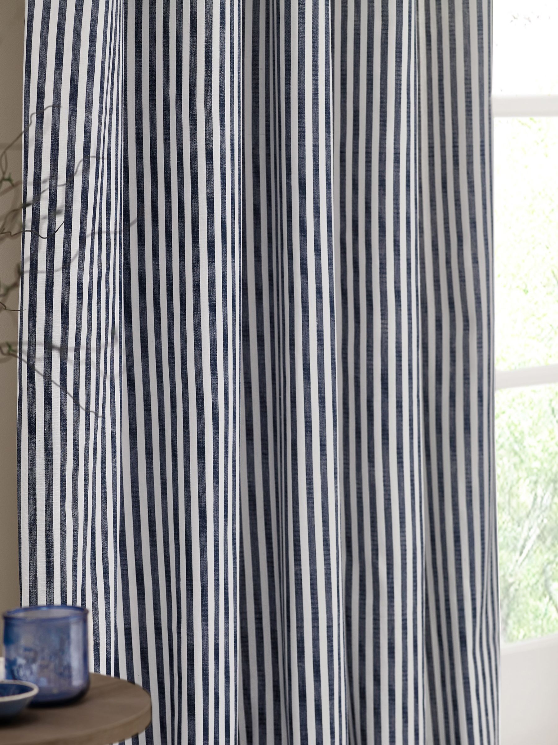 Yard Navy Hebden Striped Cotton Lined Eyelet Curtains Lined Pair - Image 3 of 4