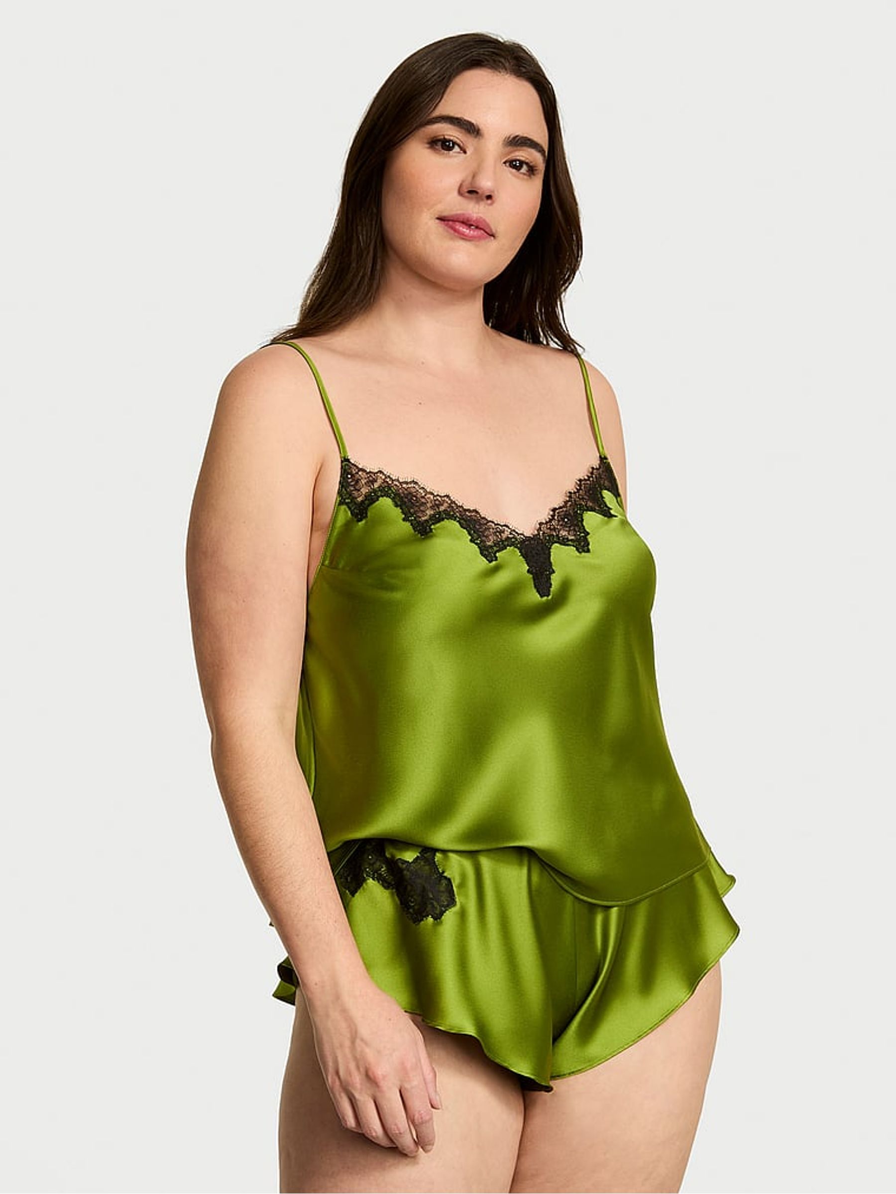 Pear Green Satin Lace Trim Cami Set - Image 1 of 3