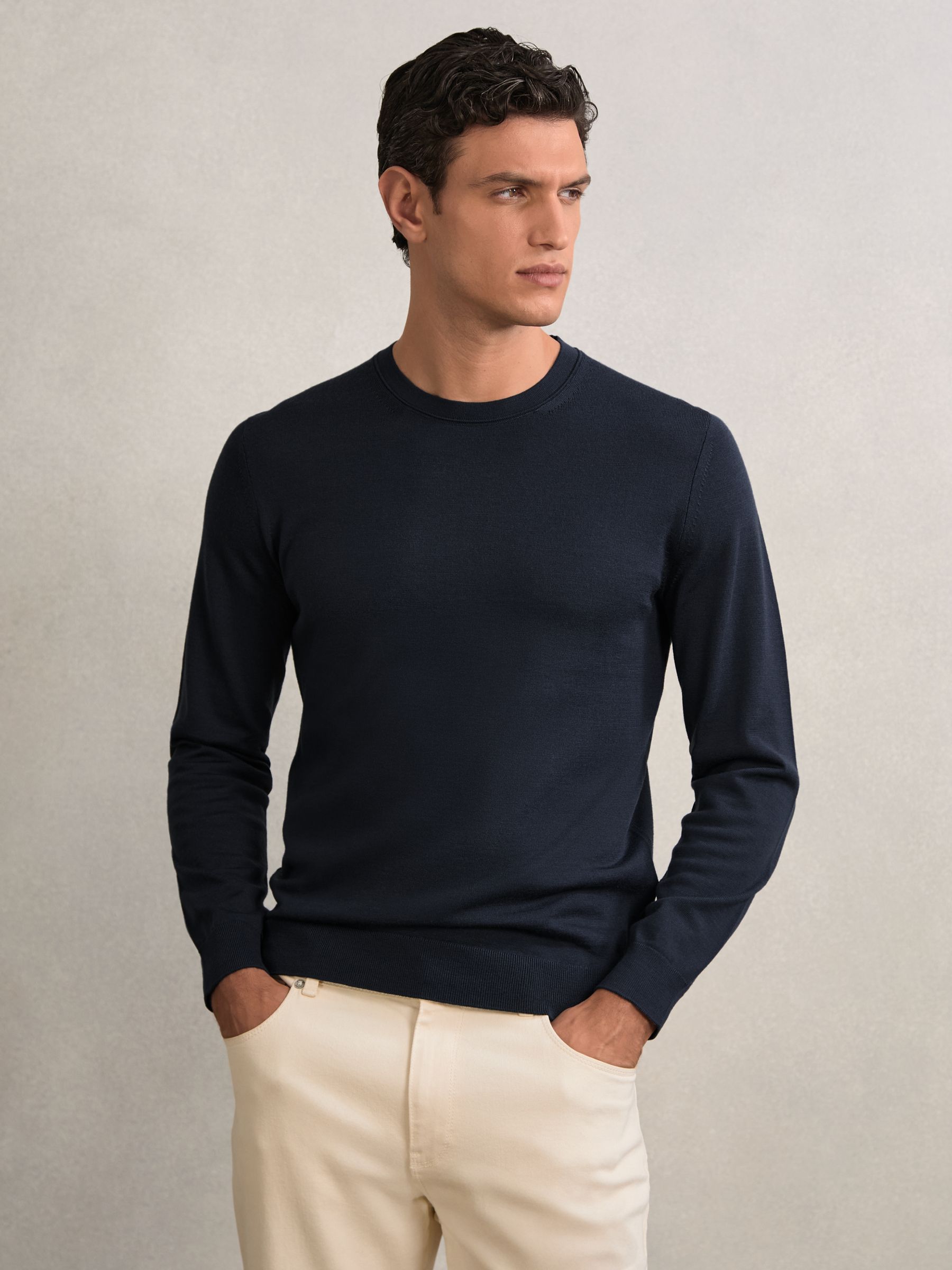 Merino Wool Crew Neck Jumper in Midnight Navy - Image 1 of 6