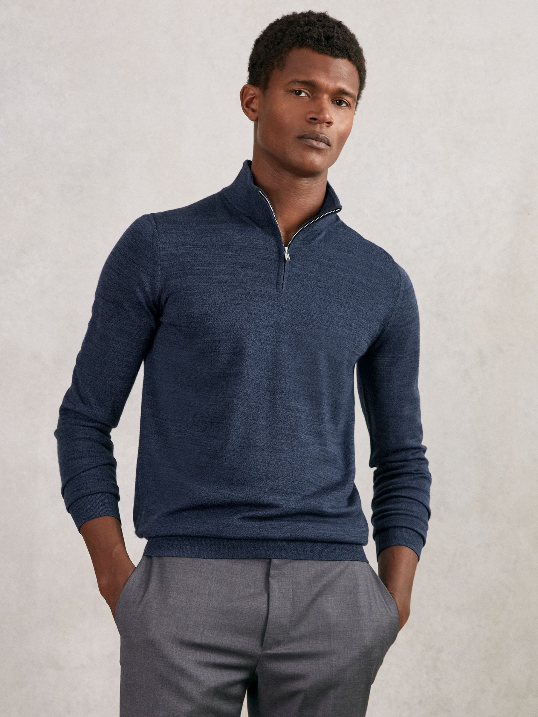 Merino Wool Half-Zip Funnel Neck Jumper in Denim Jaspe - Image 3 of 6