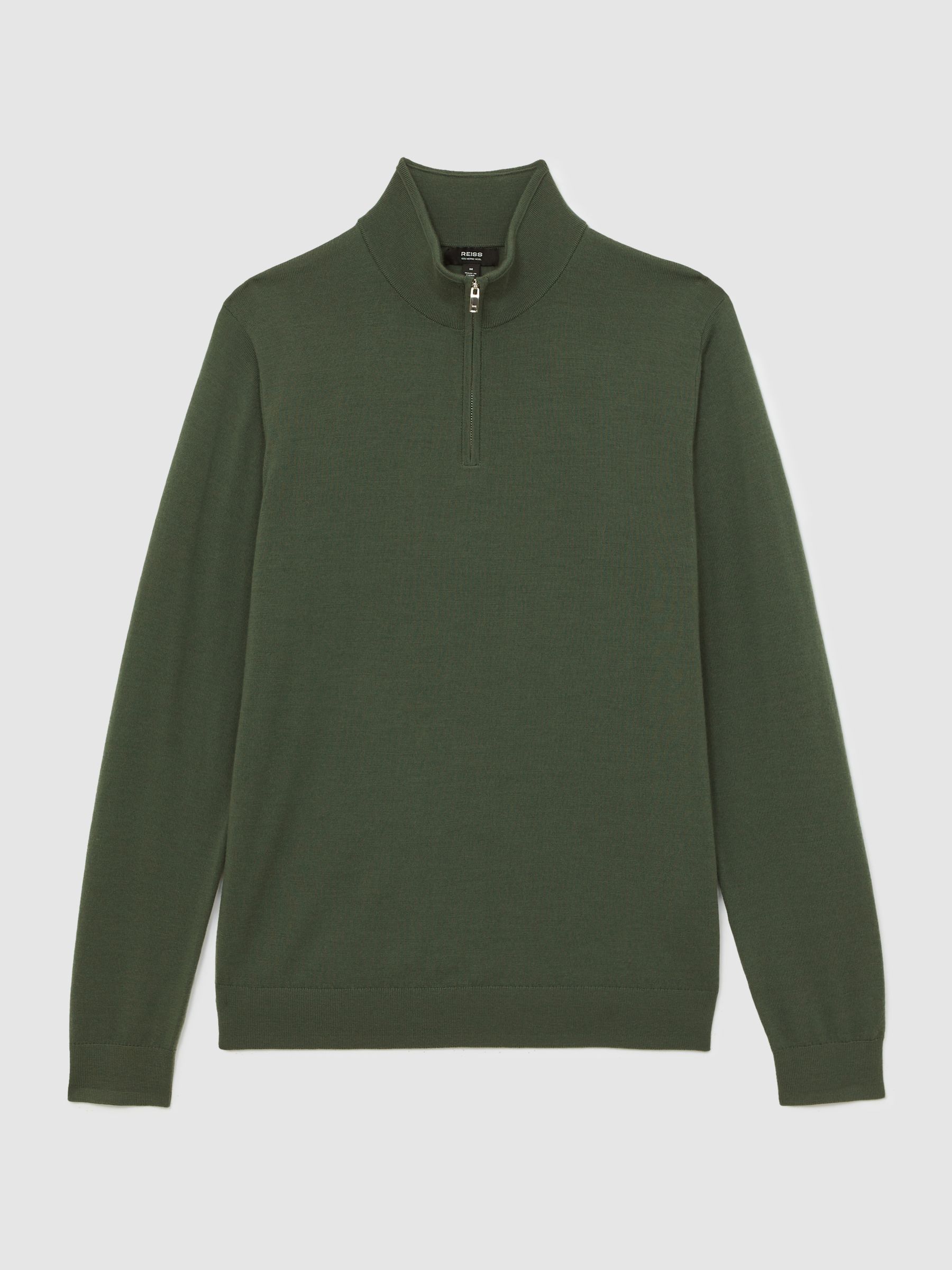 Merino Wool Half-Zip Funnel Neck Jumper in Kale Green - Image 2 of 5