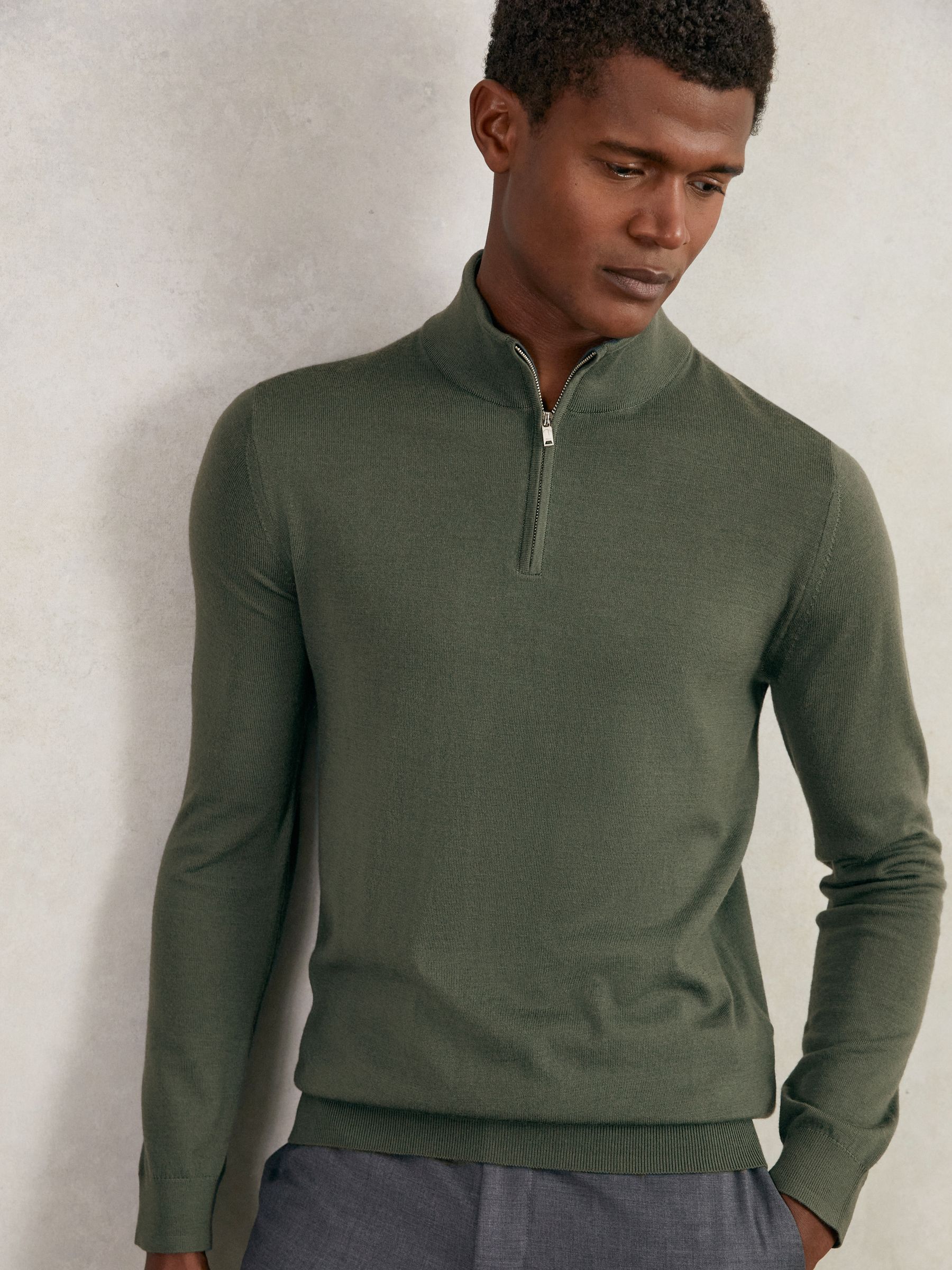 Merino Wool Half-Zip Funnel Neck Jumper in Kale Green - Image 3 of 5