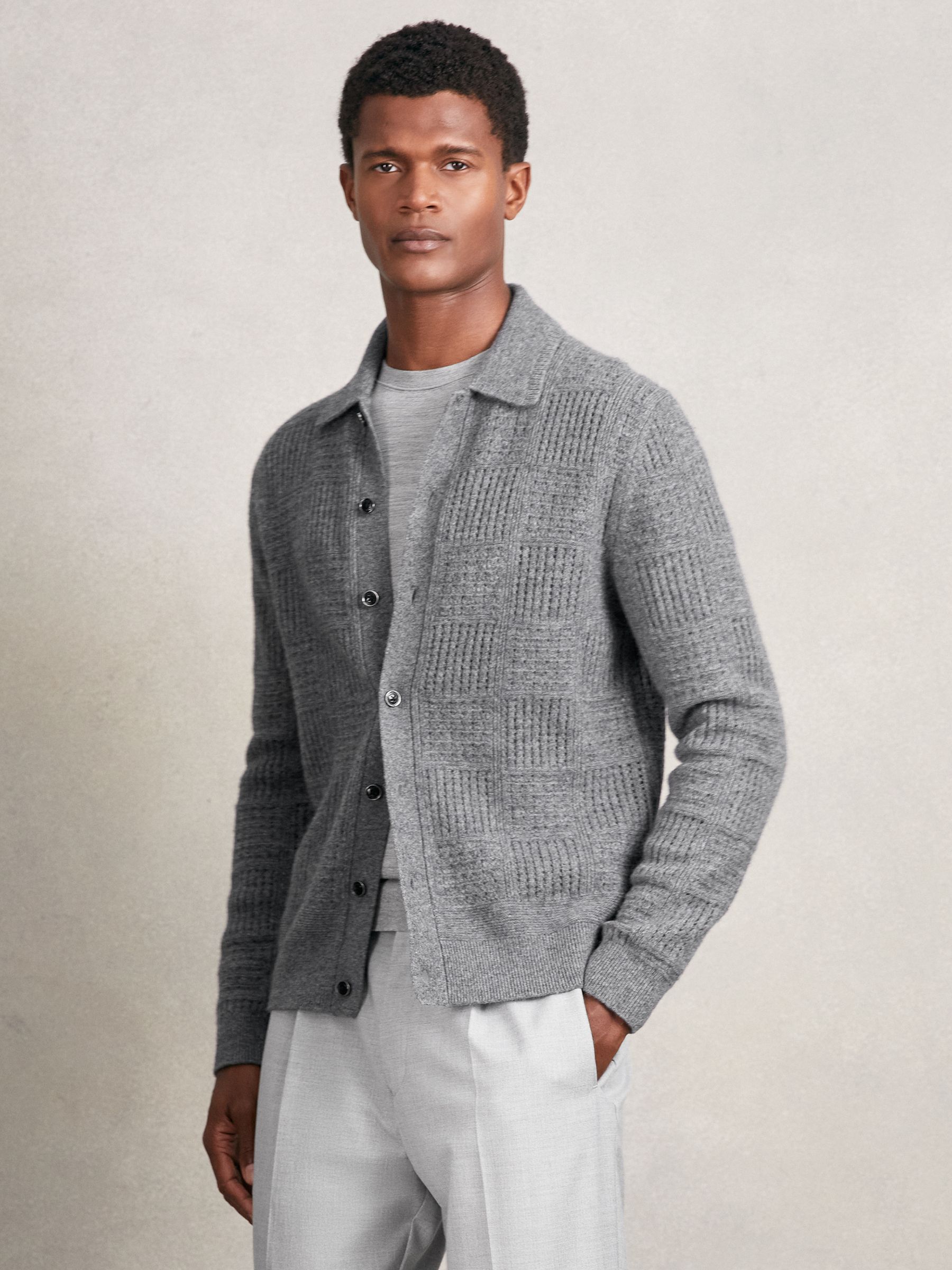 Wool Button Through Pointelle Shirt in Mid Grey - Image 1 of 5