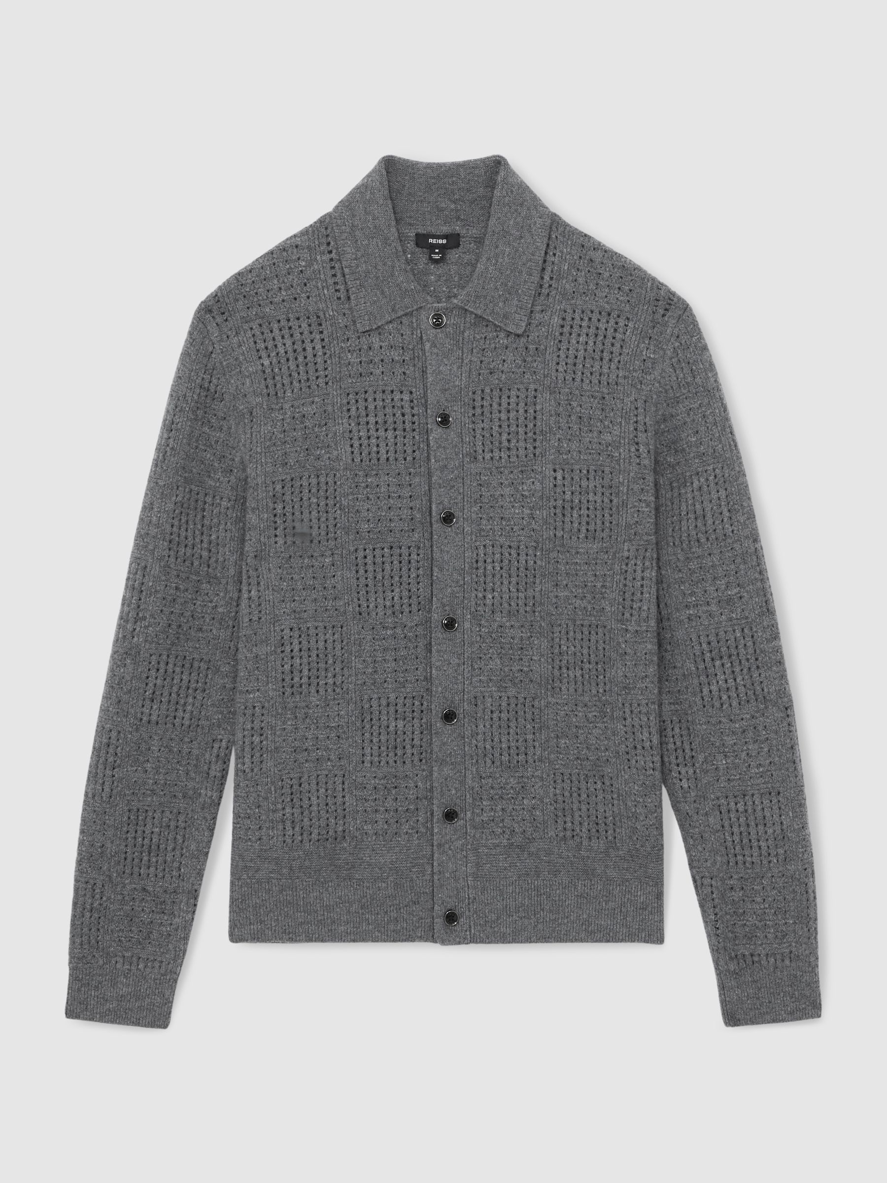 Wool Button Through Pointelle Shirt in Mid Grey - Image 2 of 5