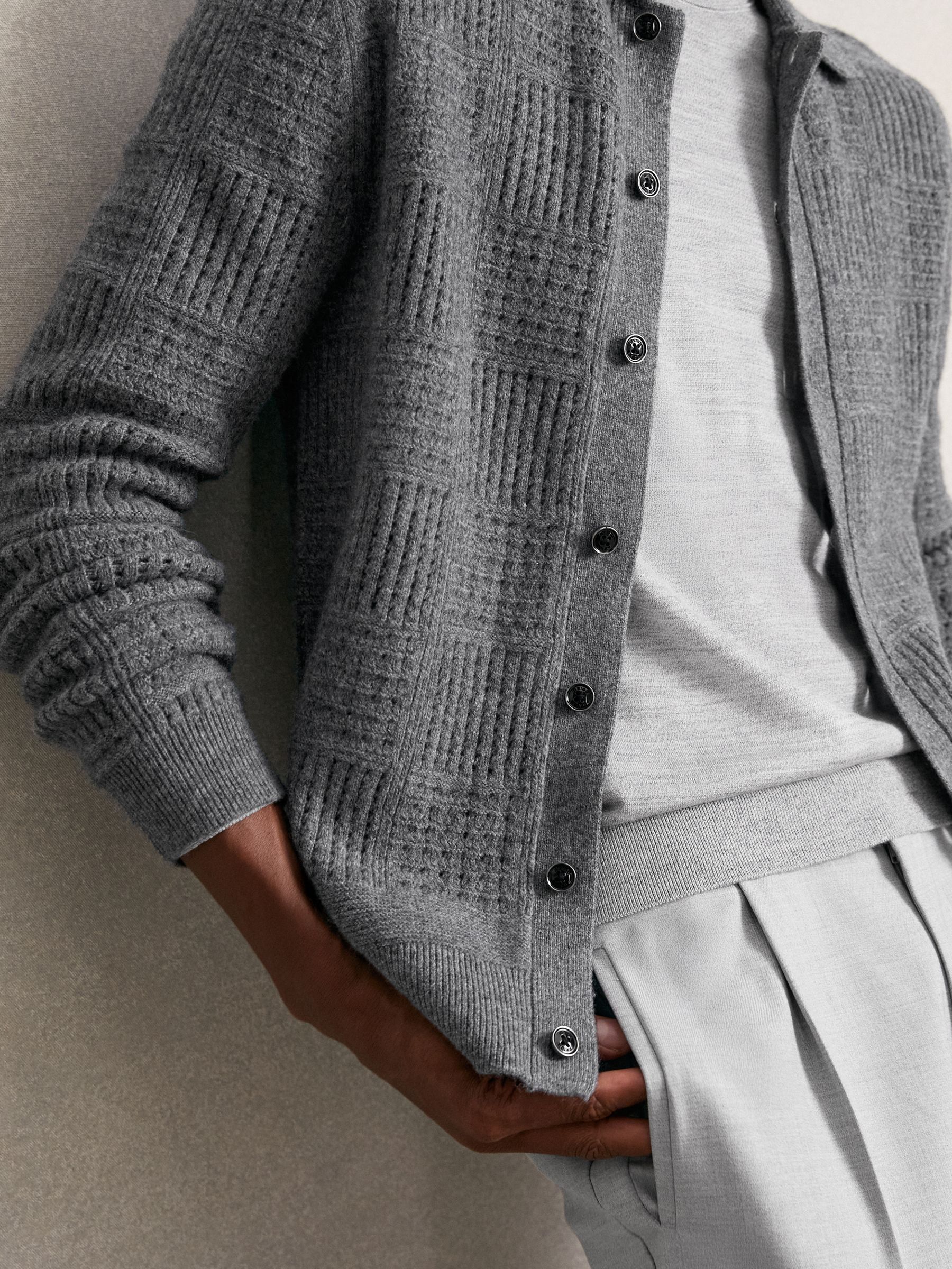 Wool Button Through Pointelle Shirt in Mid Grey - Image 3 of 5