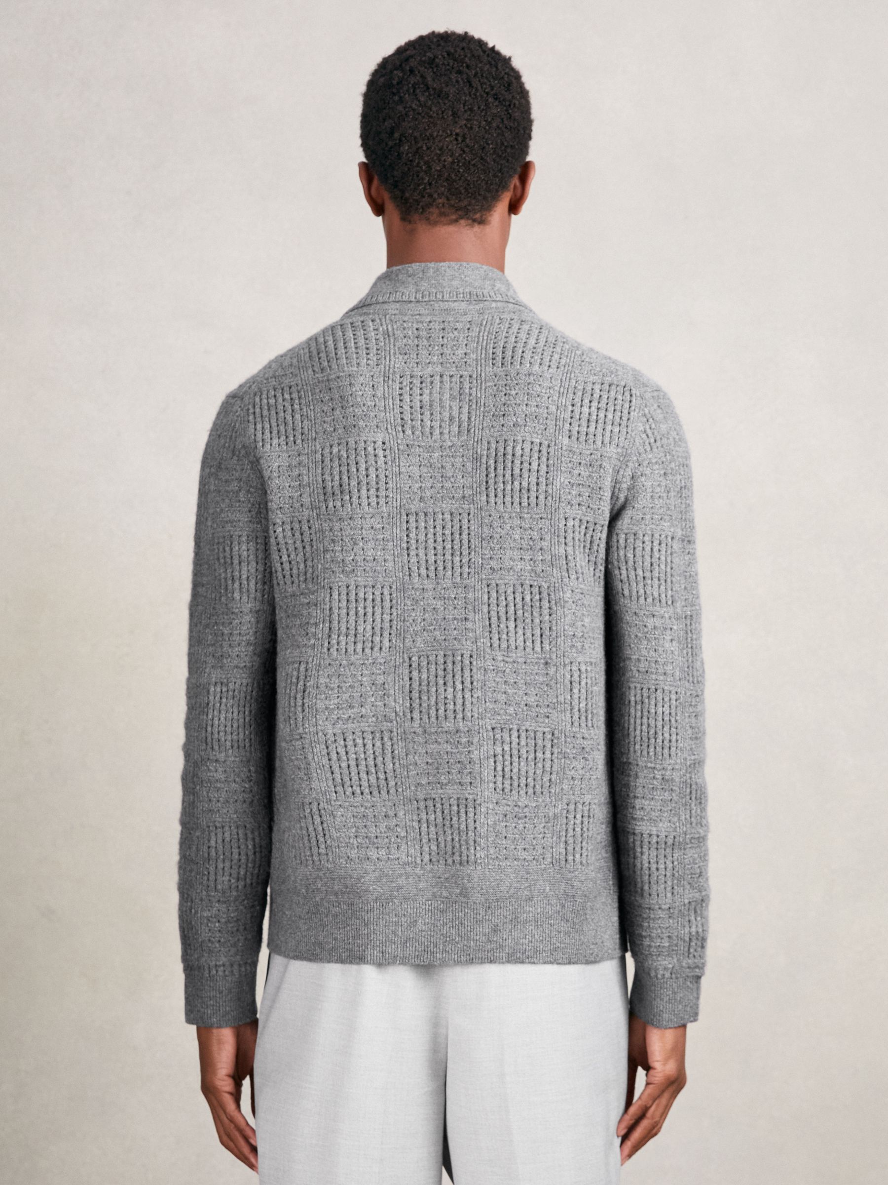 Wool Button Through Pointelle Shirt in Mid Grey - Image 4 of 5