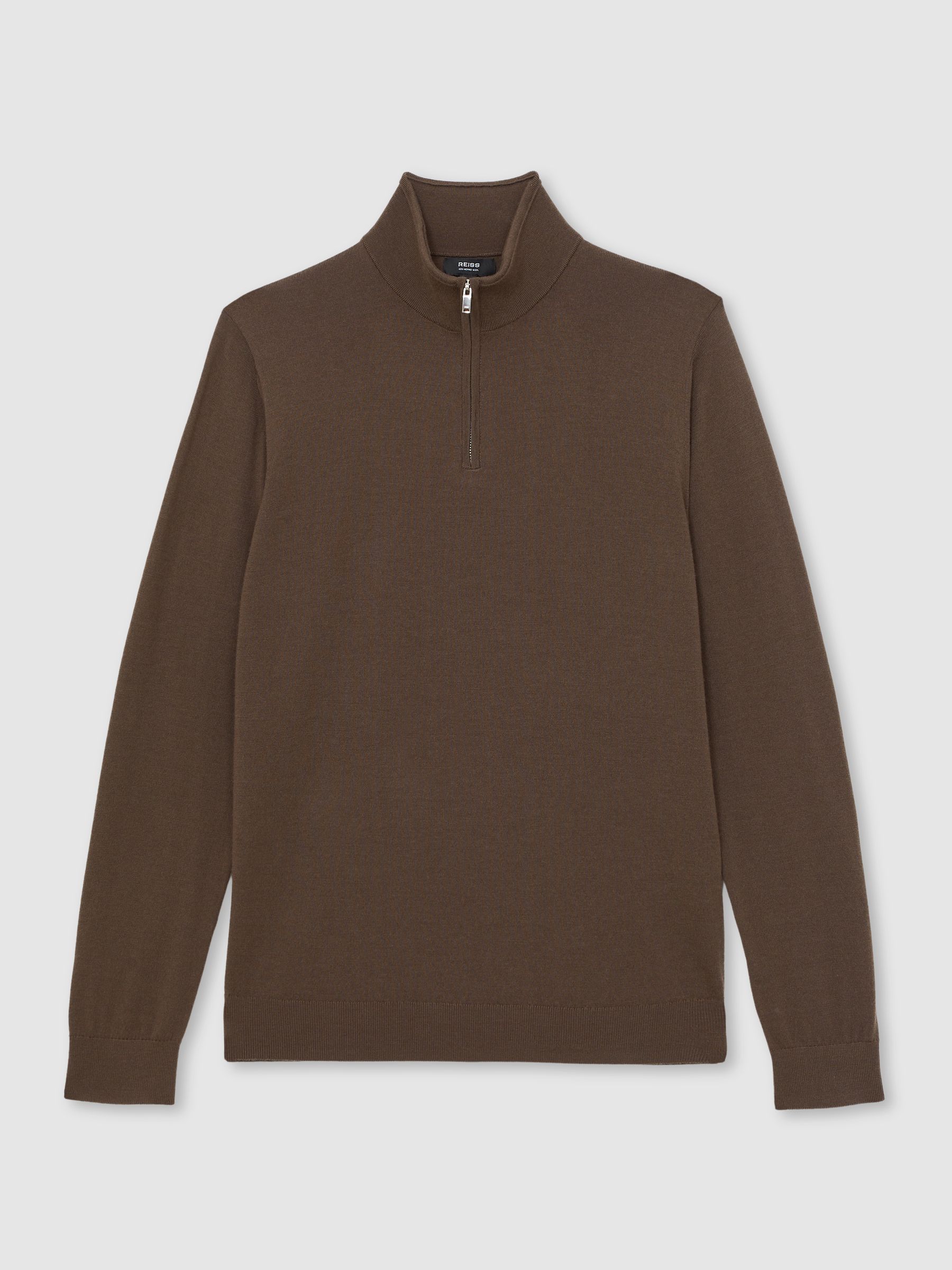 Merino Wool Half-Zip Funnel Neck Jumper in Chocolate Brown - Image 2 of 6