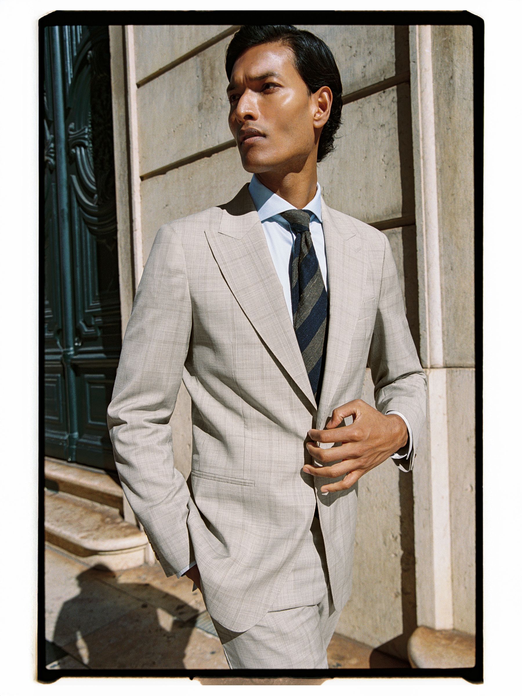 Slim-Fit Single-Breasted Wool Check Suit Blazer in Oatmeal Brown - Image 1 of 9