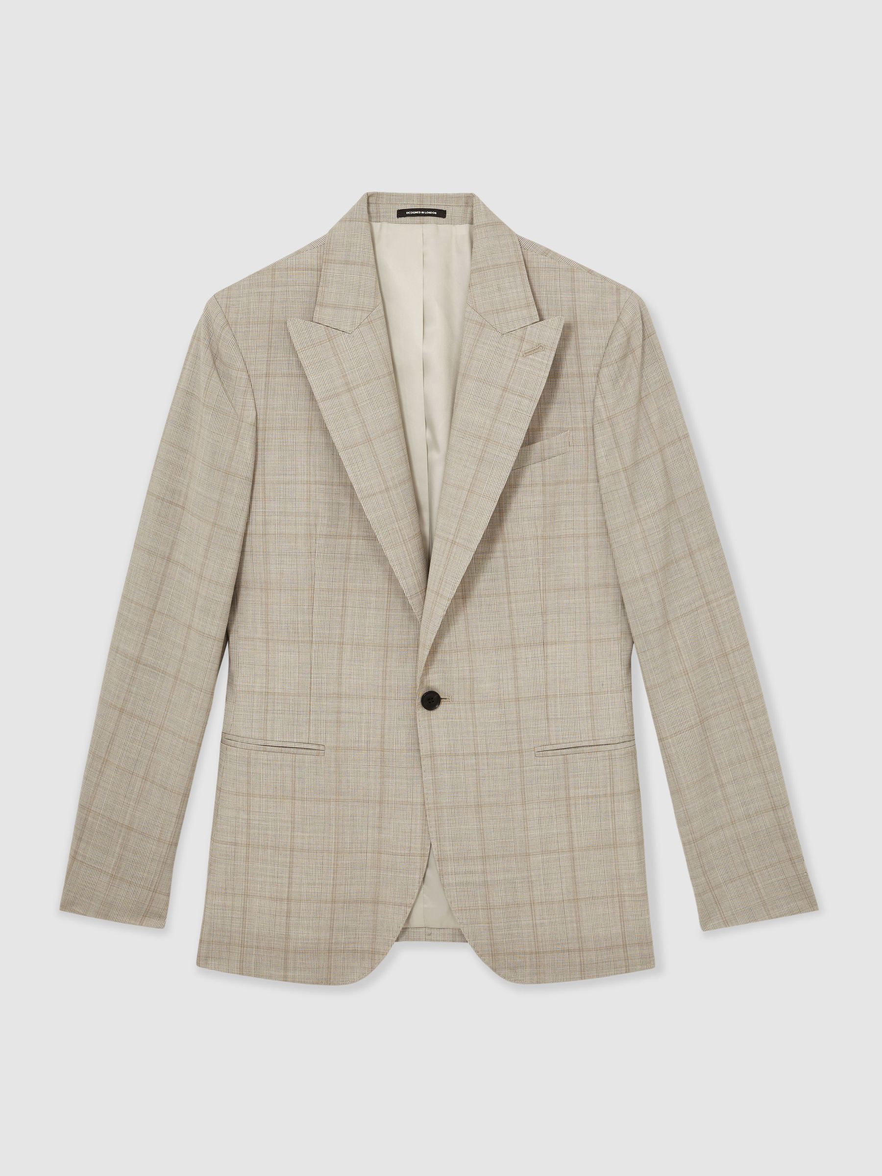 Slim-Fit Single-Breasted Wool Check Suit Blazer in Oatmeal Brown - Image 2 of 9